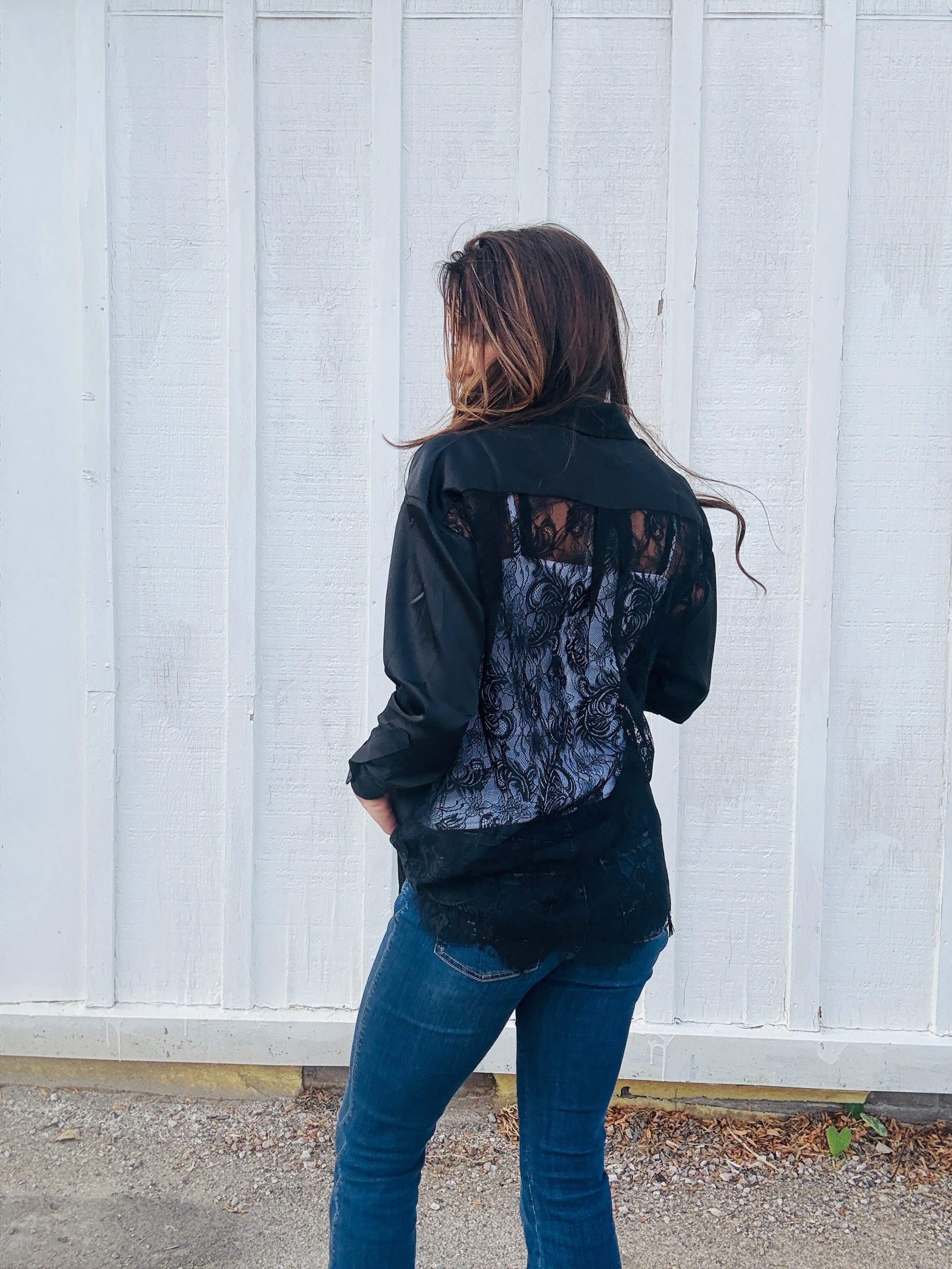 Lace Back Button Down