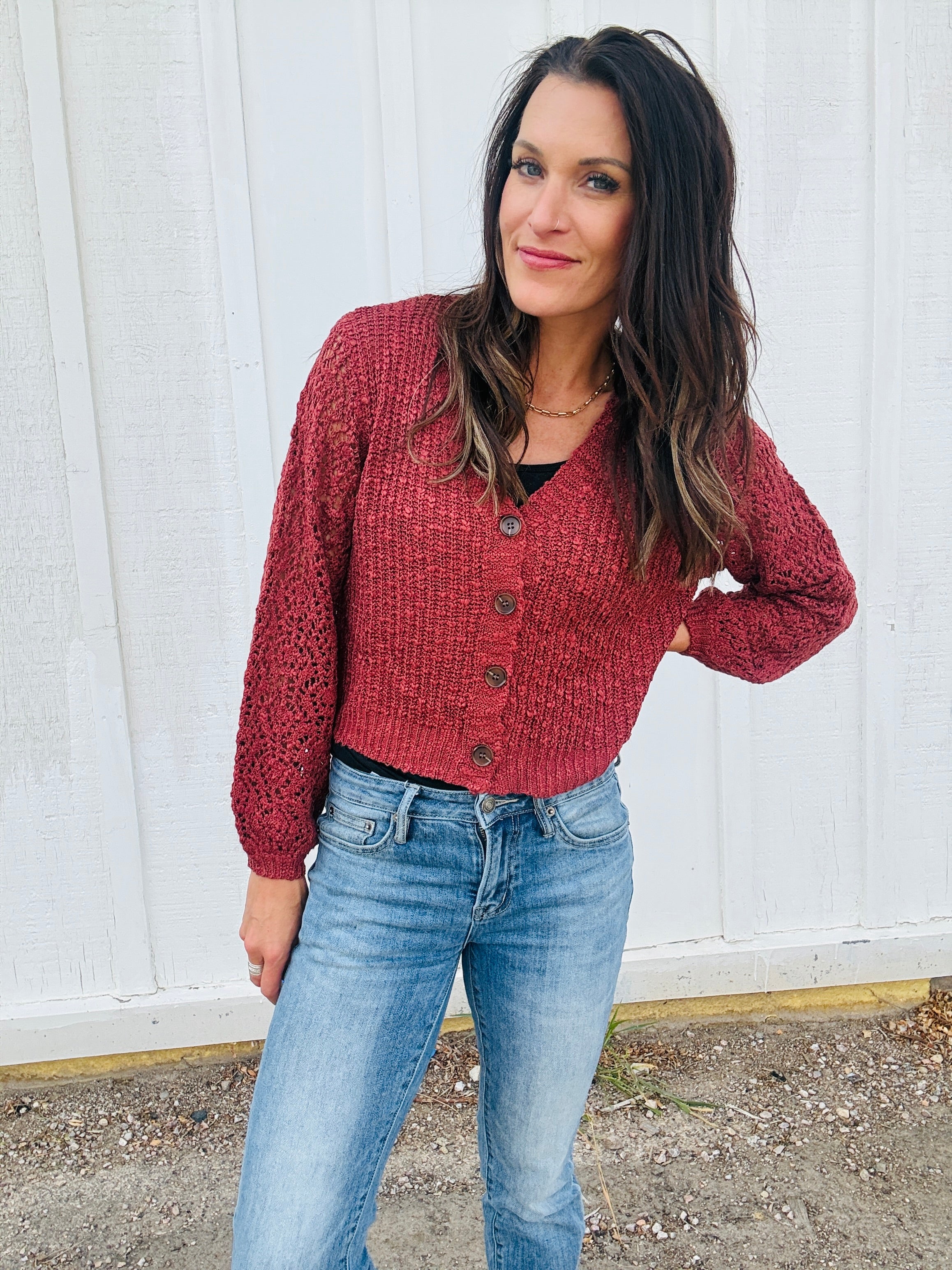 V-Neck Open Knit Cardi