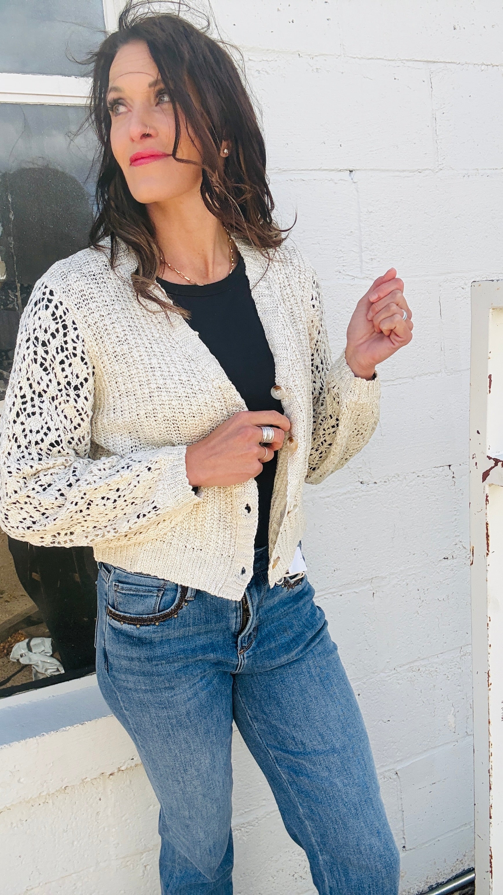 V-Neck Open Knit Cardi