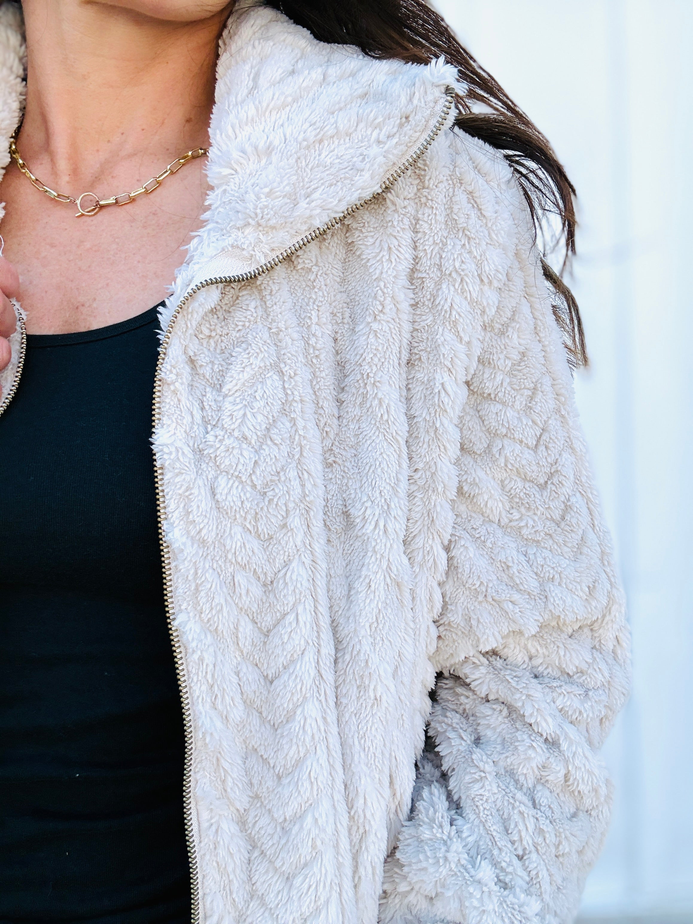 Textured Zip Up Teddy Jacket