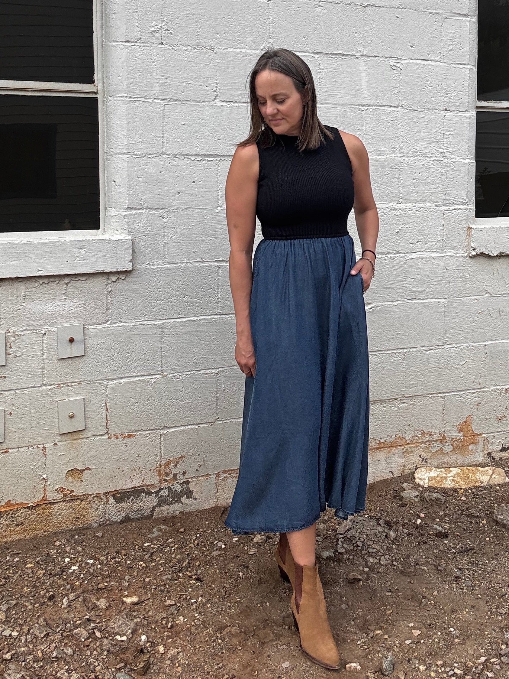 Elan Celeste Knit & Denim Maxi Dress