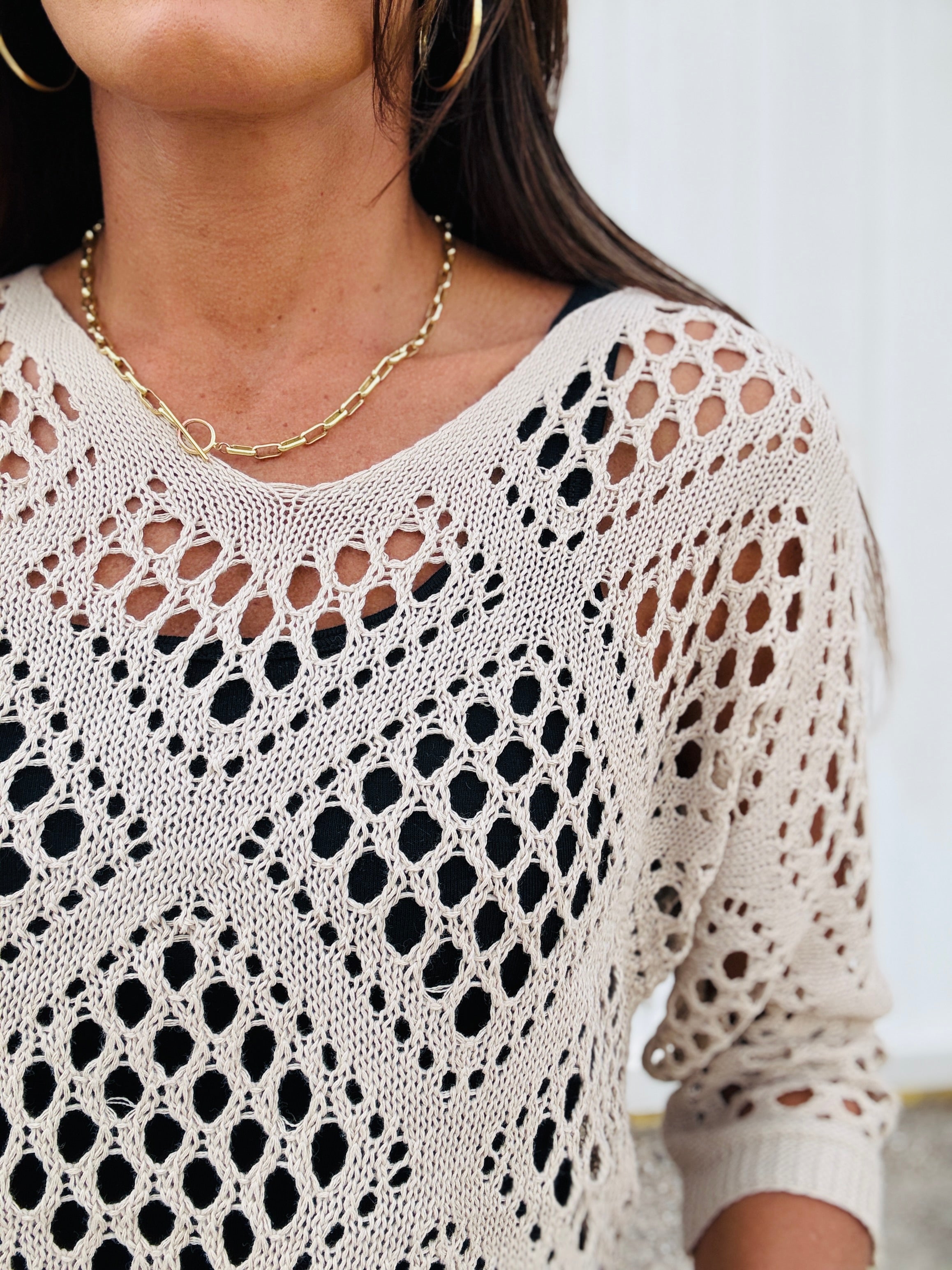 V-Neck Diamond Crochet Sweater