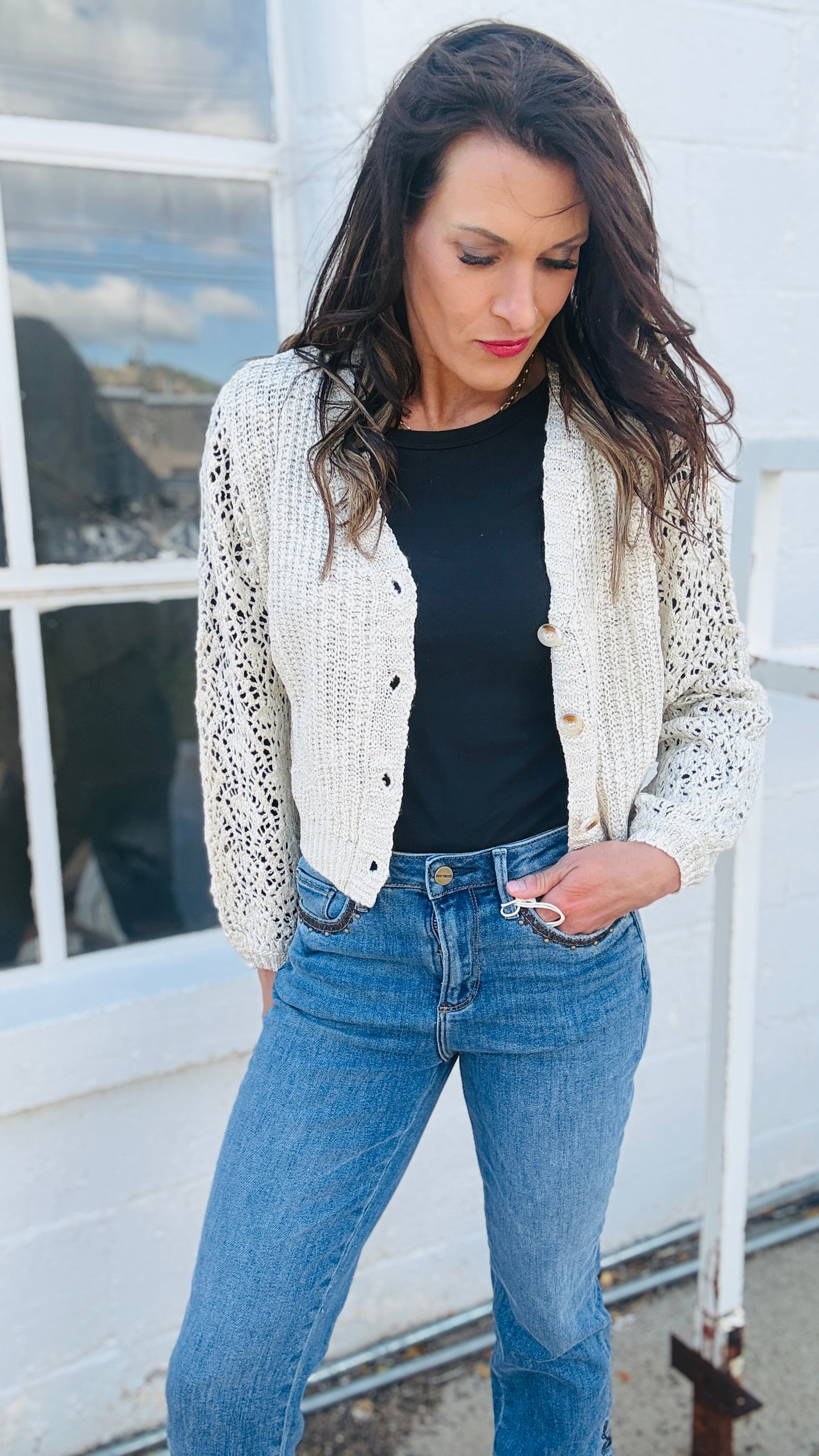 V-Neck Open Knit Cardi
