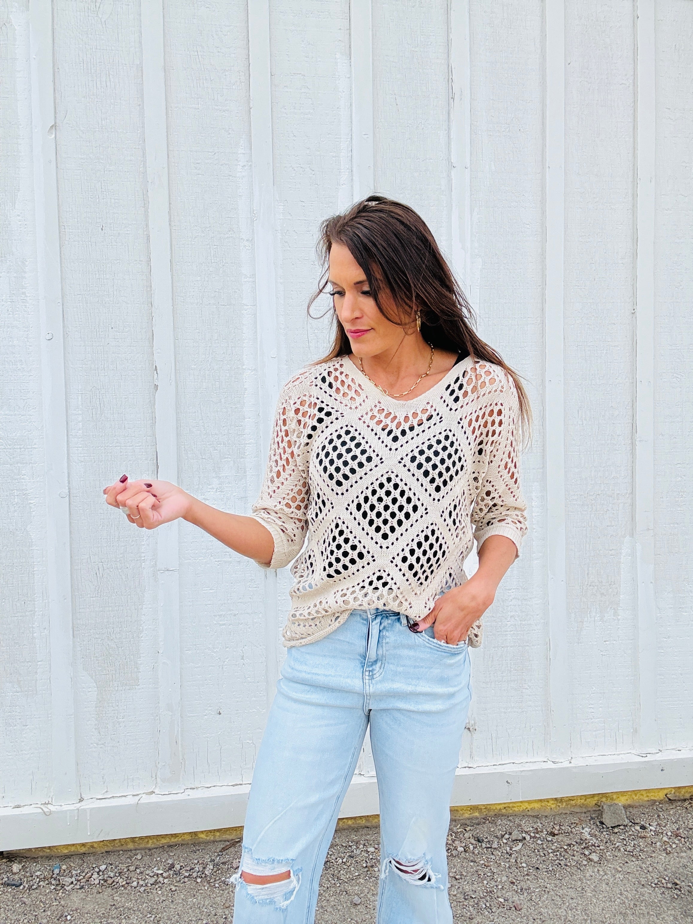 V-Neck Diamond Crochet Sweater
