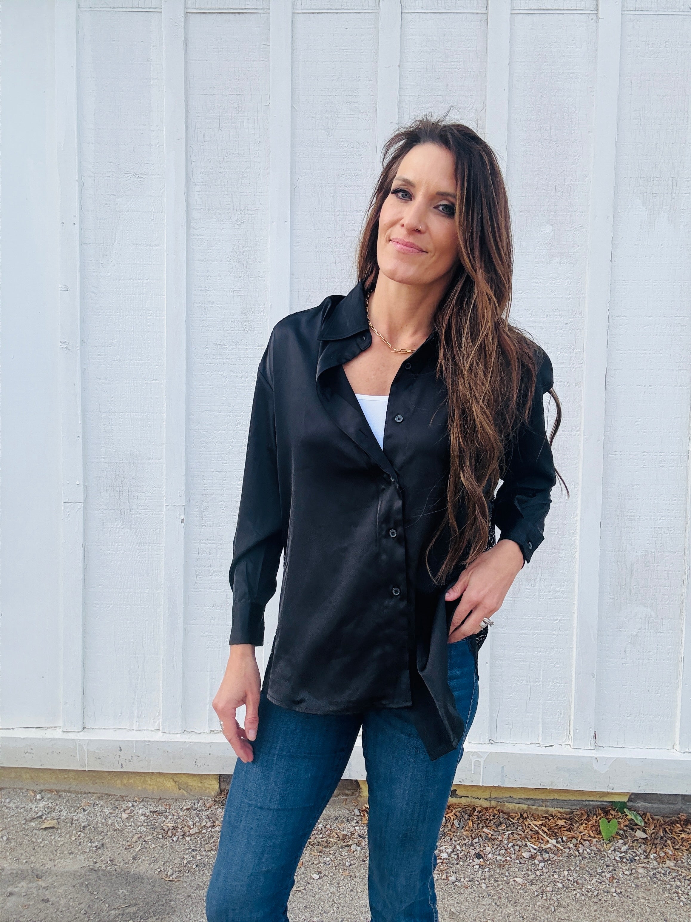 Lace Back Button Down