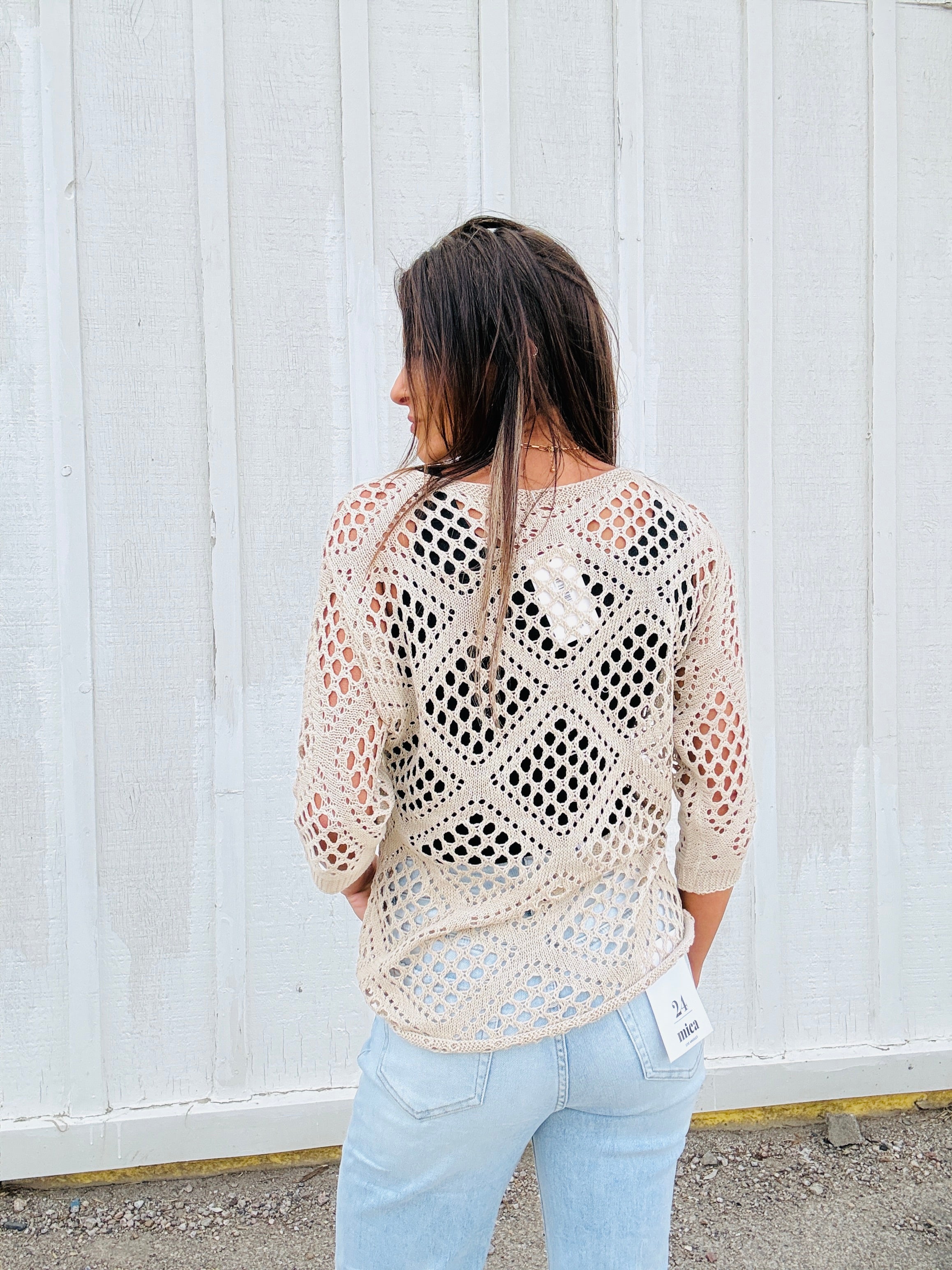 V-Neck Diamond Crochet Sweater