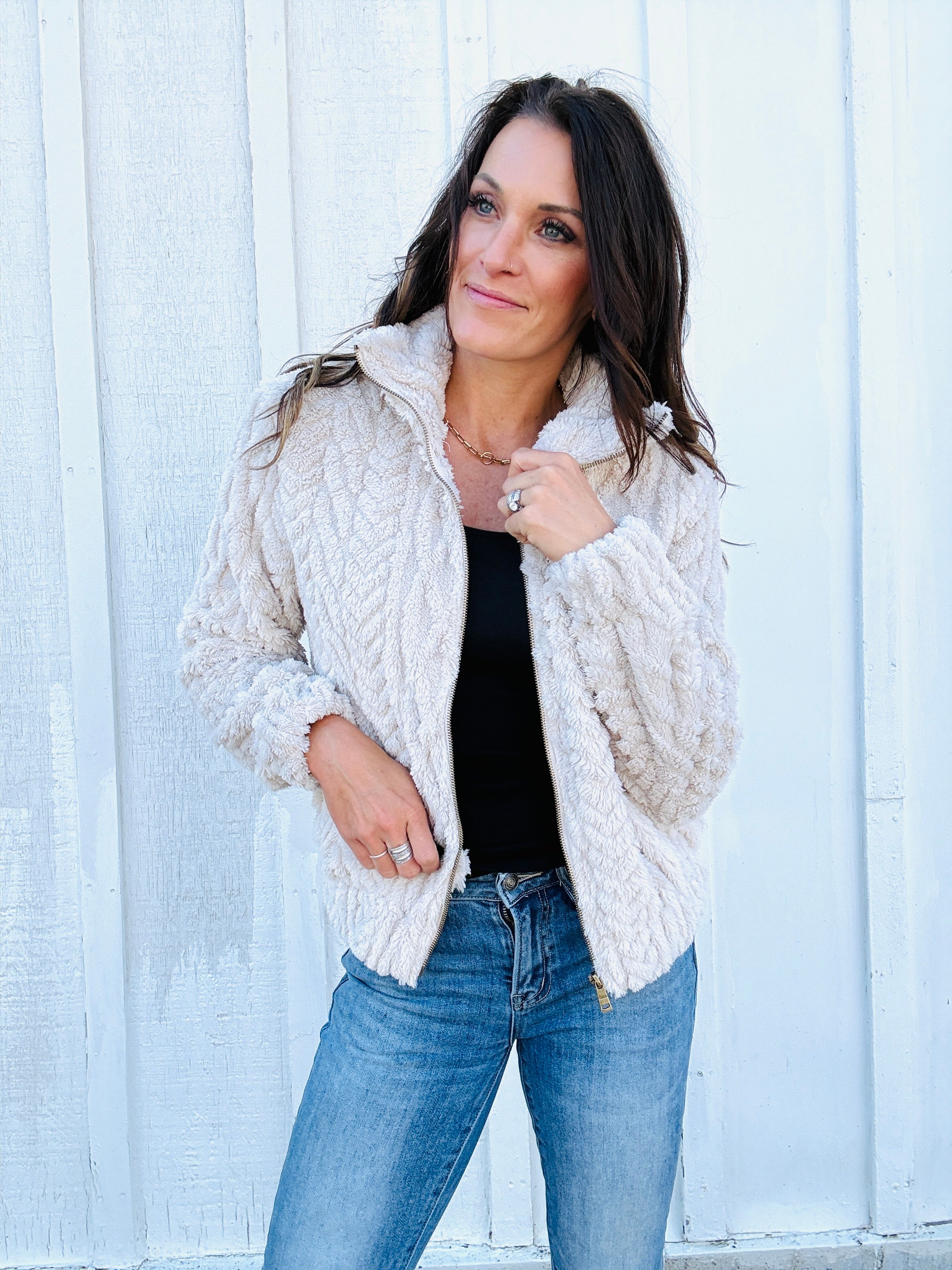 Textured Zip Up Teddy Jacket