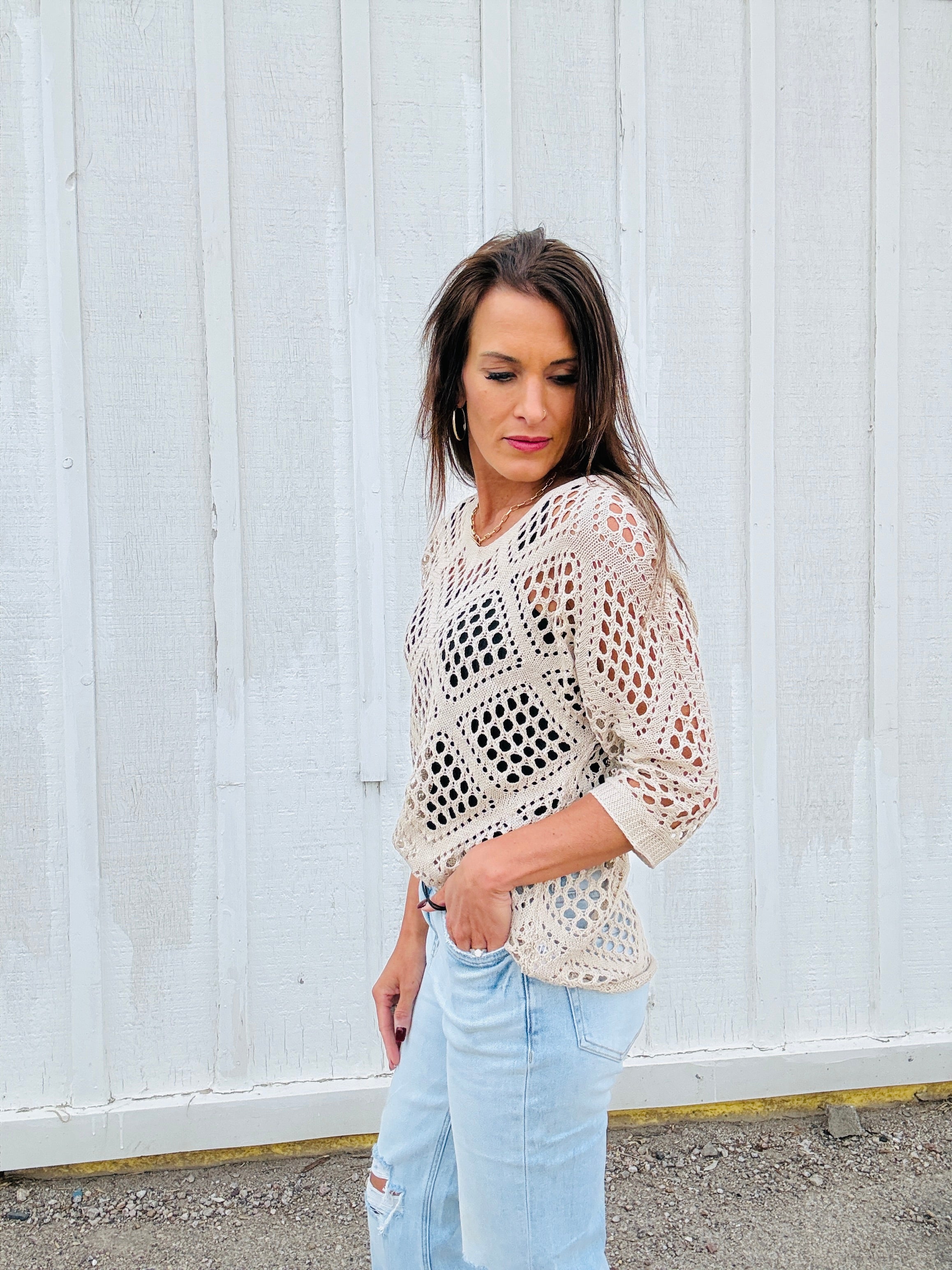 V-Neck Diamond Crochet Sweater