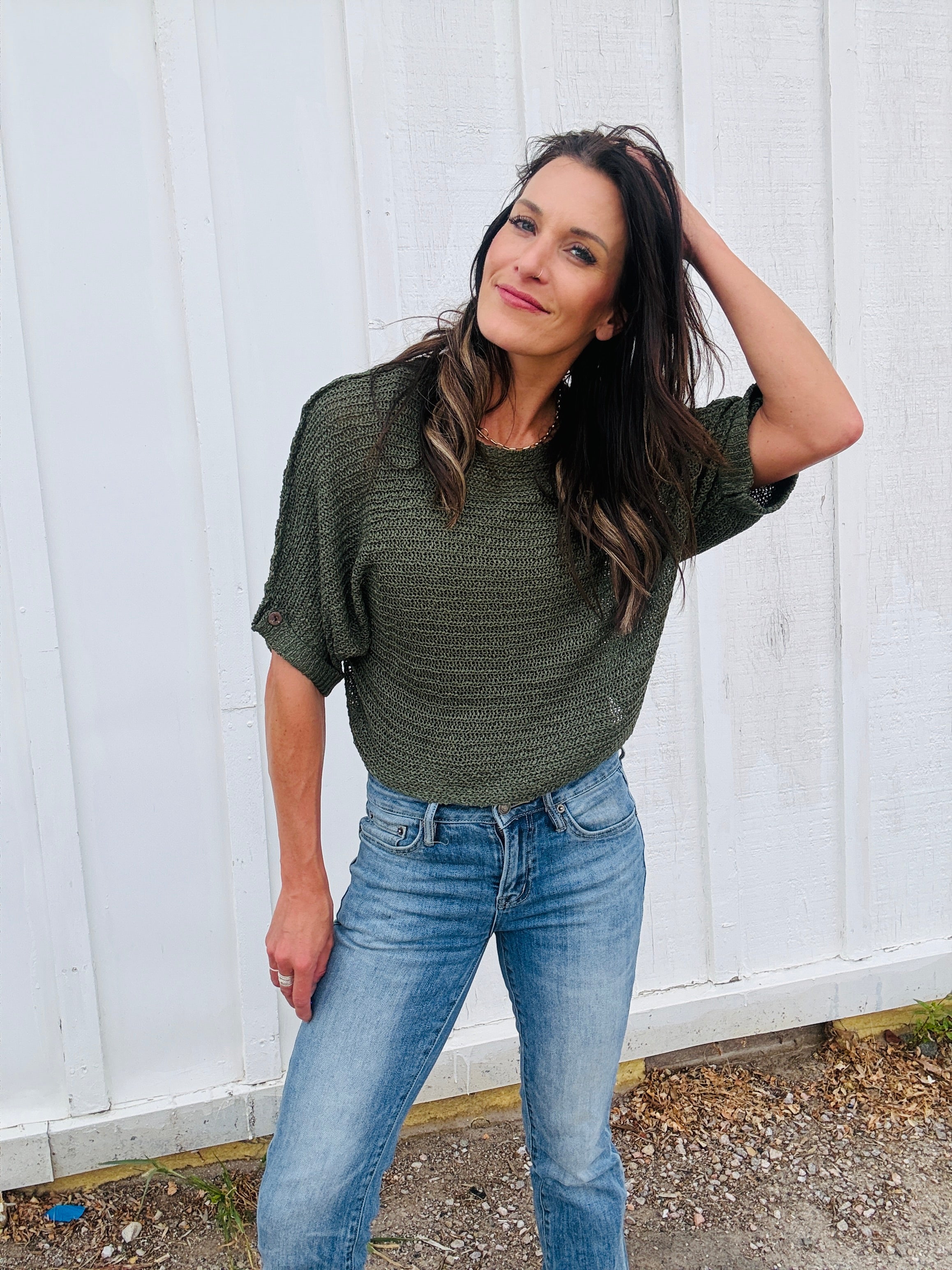 Half Sleeve Roll Cuff Sweater