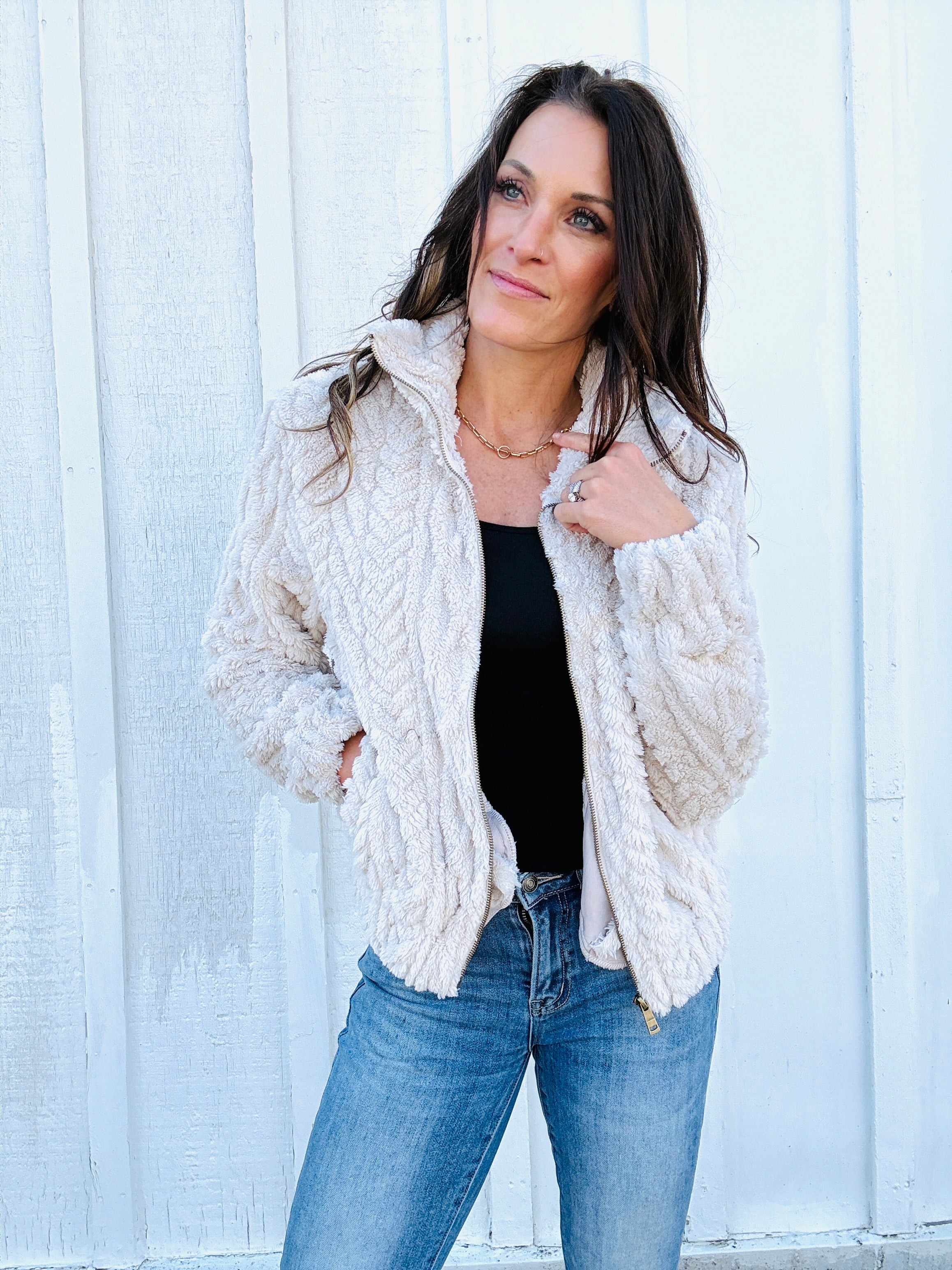 Textured Zip Up Teddy Jacket