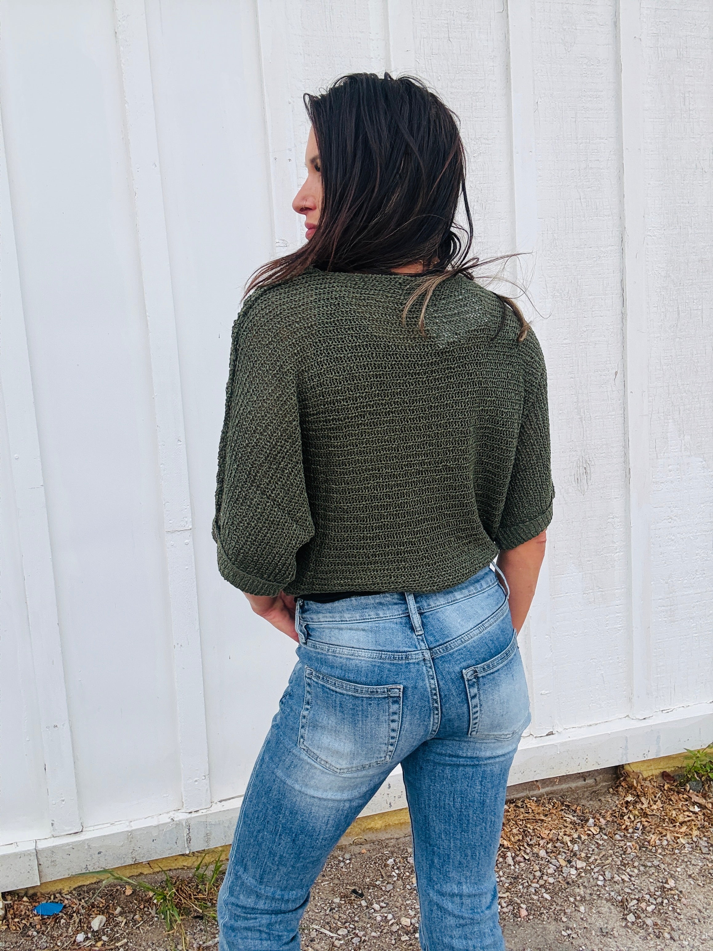 Half Sleeve Roll Cuff Sweater