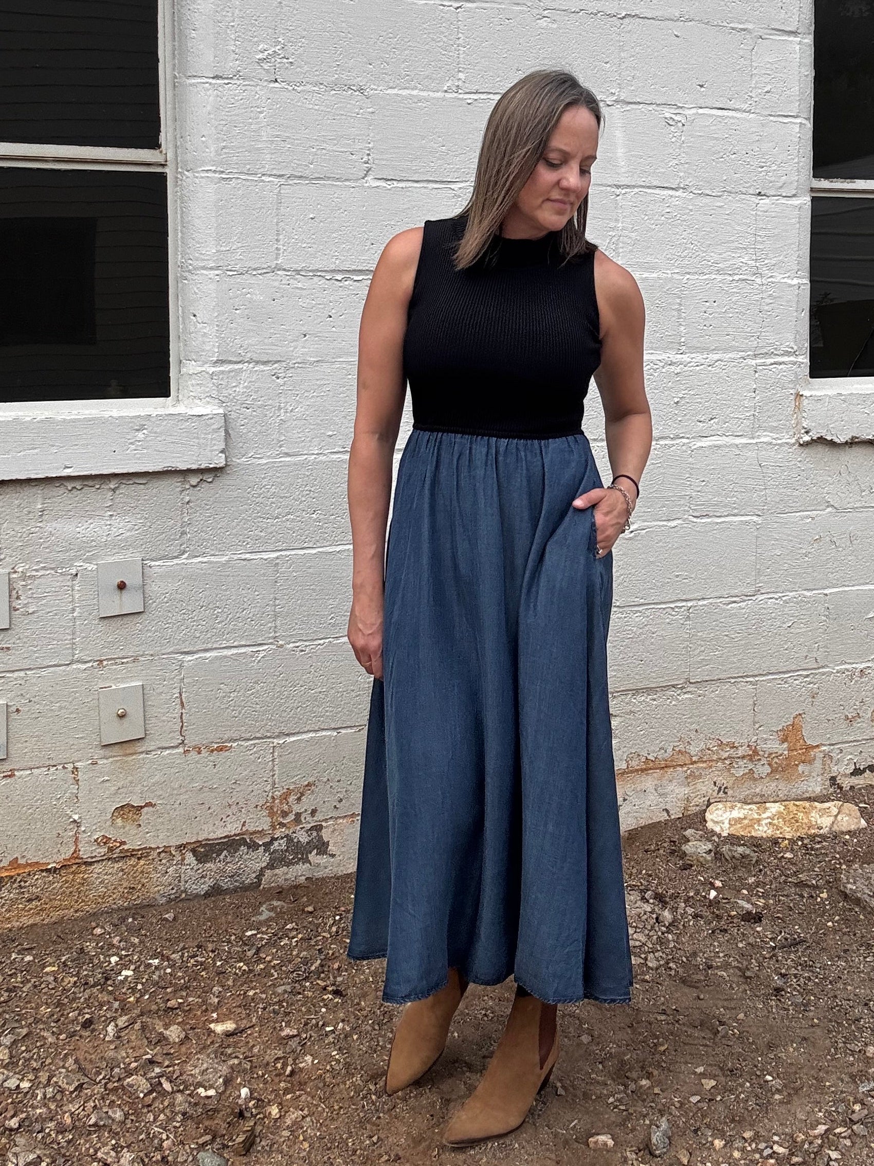 Elan Celeste Knit & Denim Maxi Dress