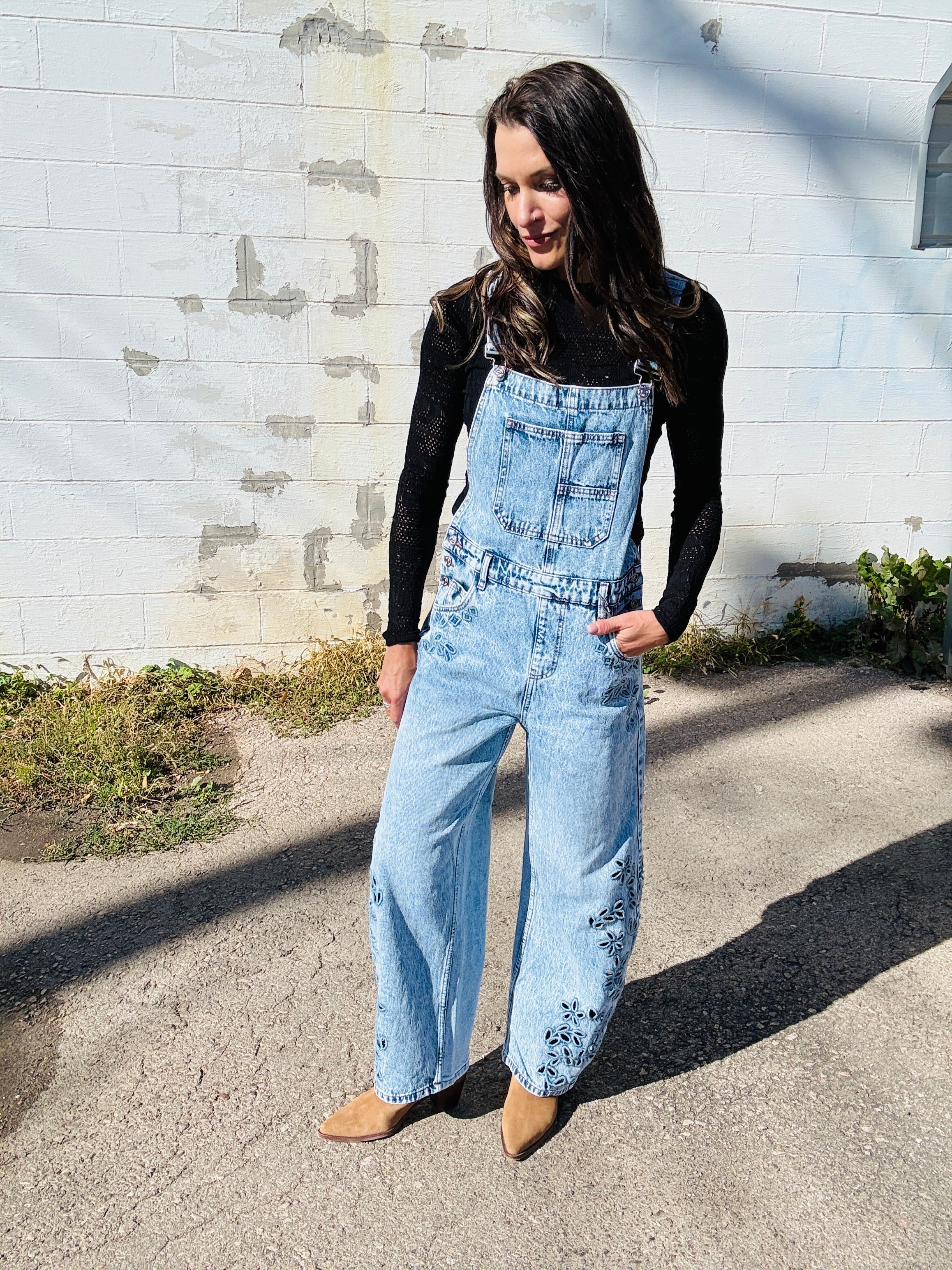 Embroidered Denim Overalls