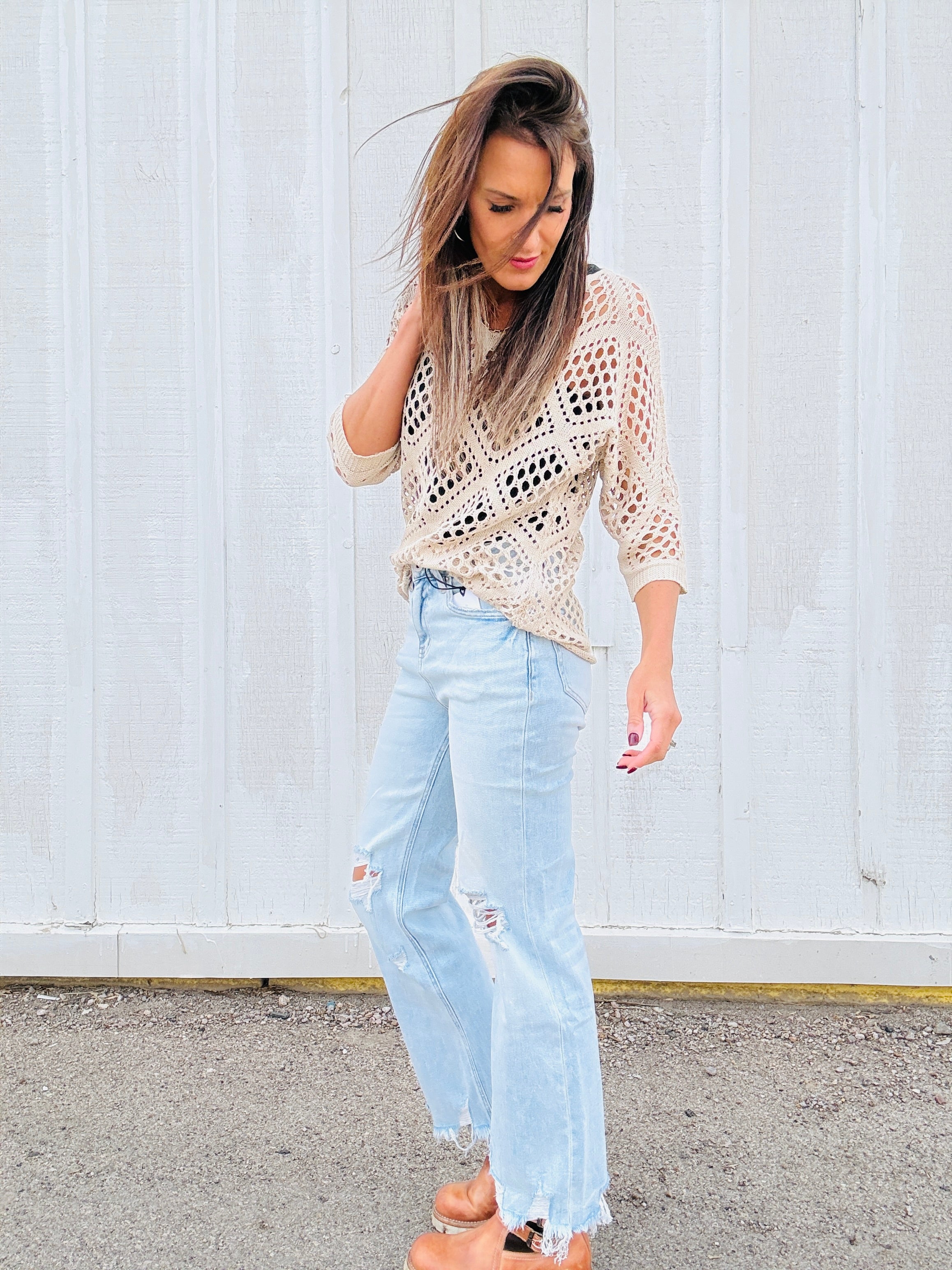 V-Neck Diamond Crochet Sweater