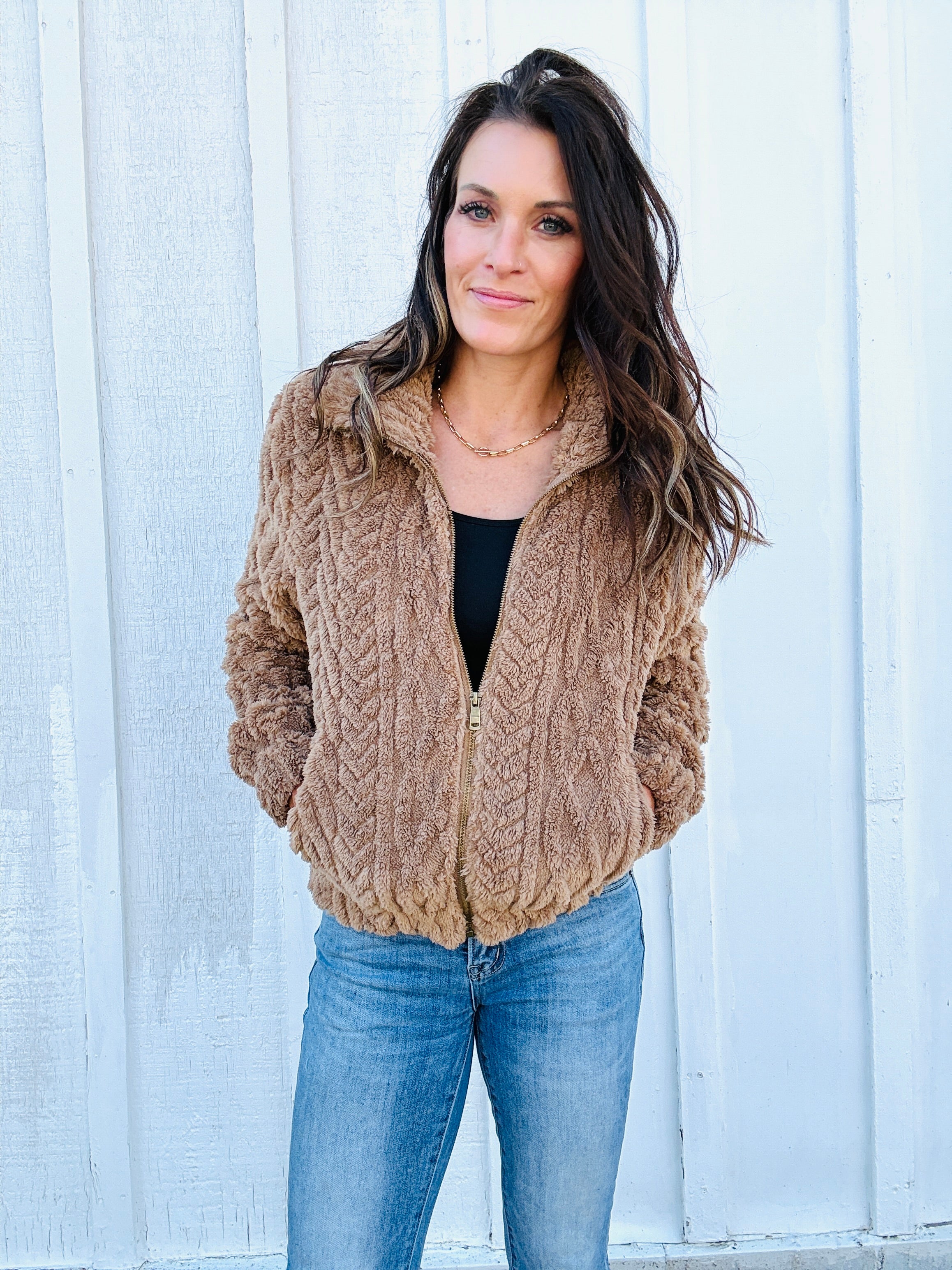 Textured Zip Up Teddy Jacket