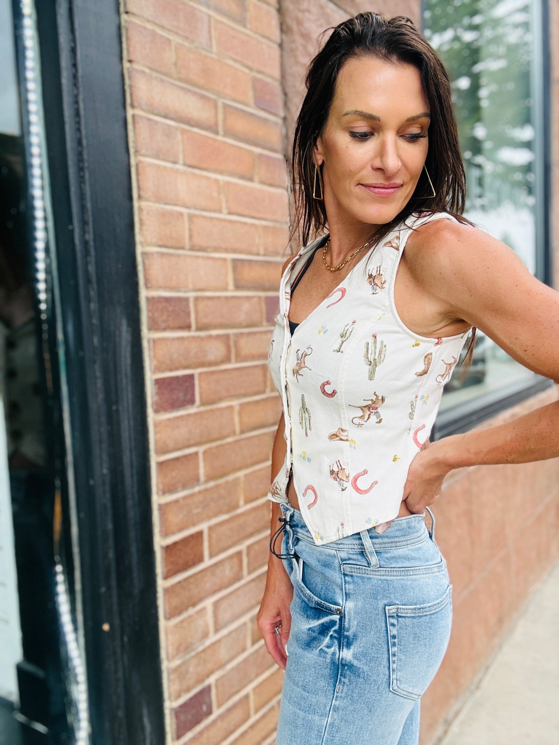 Western Print Denim Vest