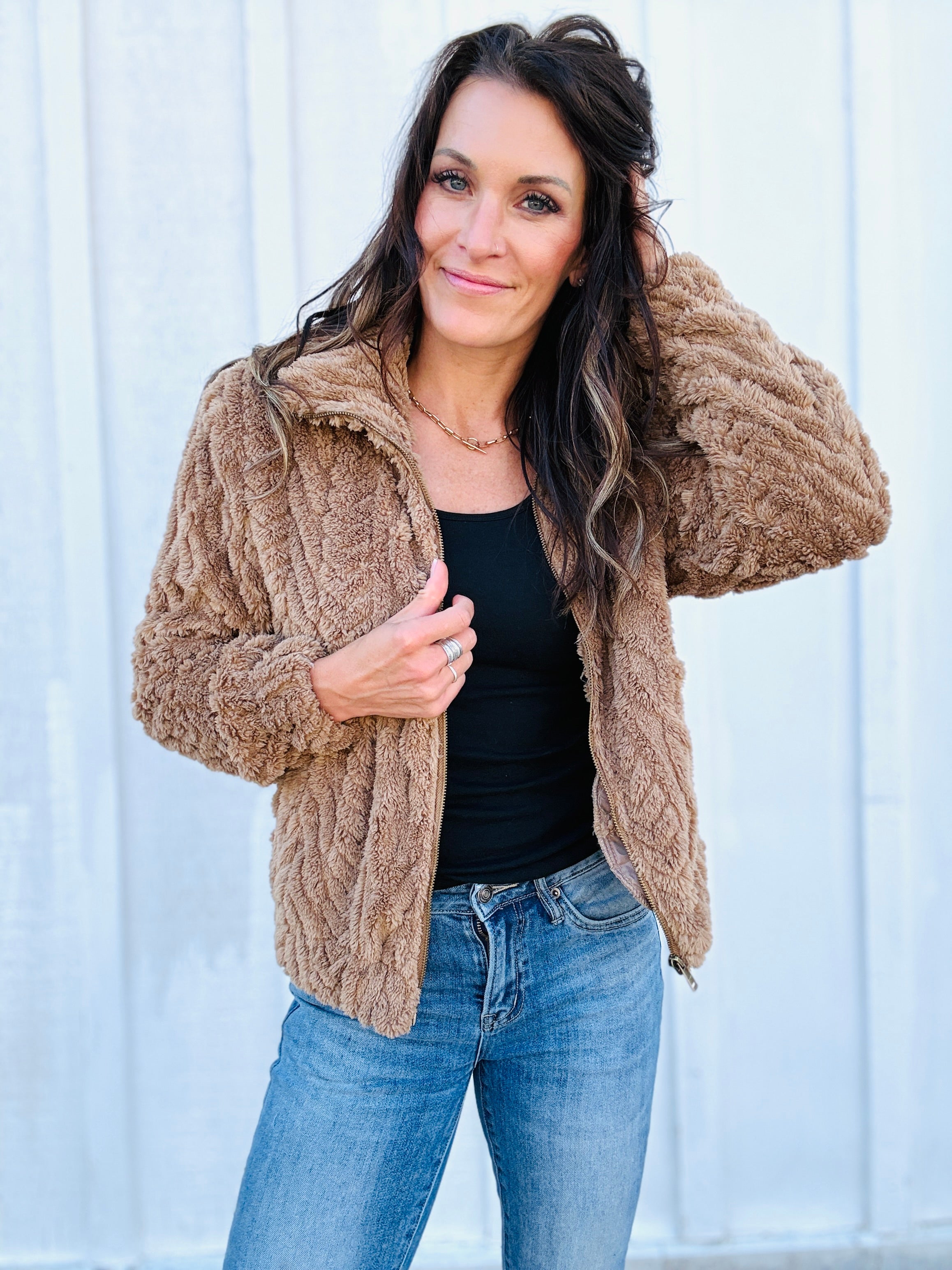 Textured Zip Up Teddy Jacket