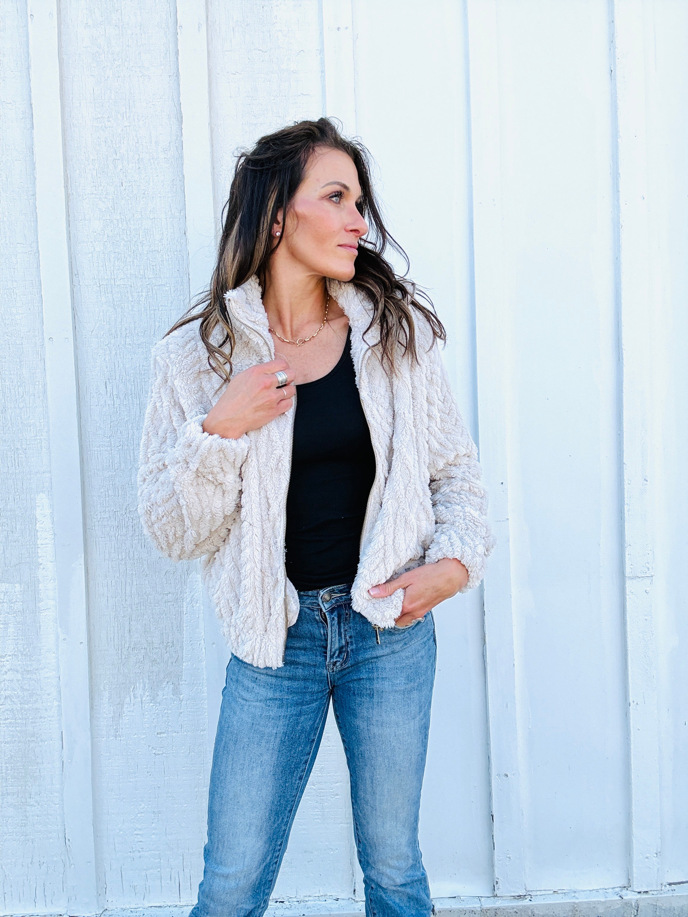 Textured Zip Up Teddy Jacket
