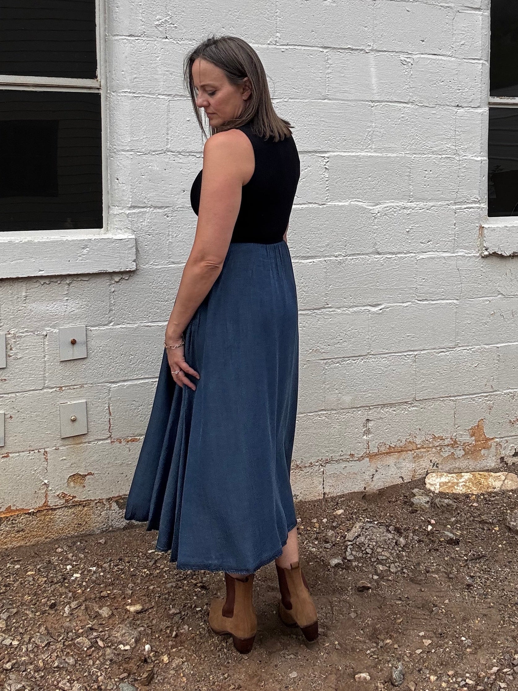Elan Celeste Knit & Denim Maxi Dress