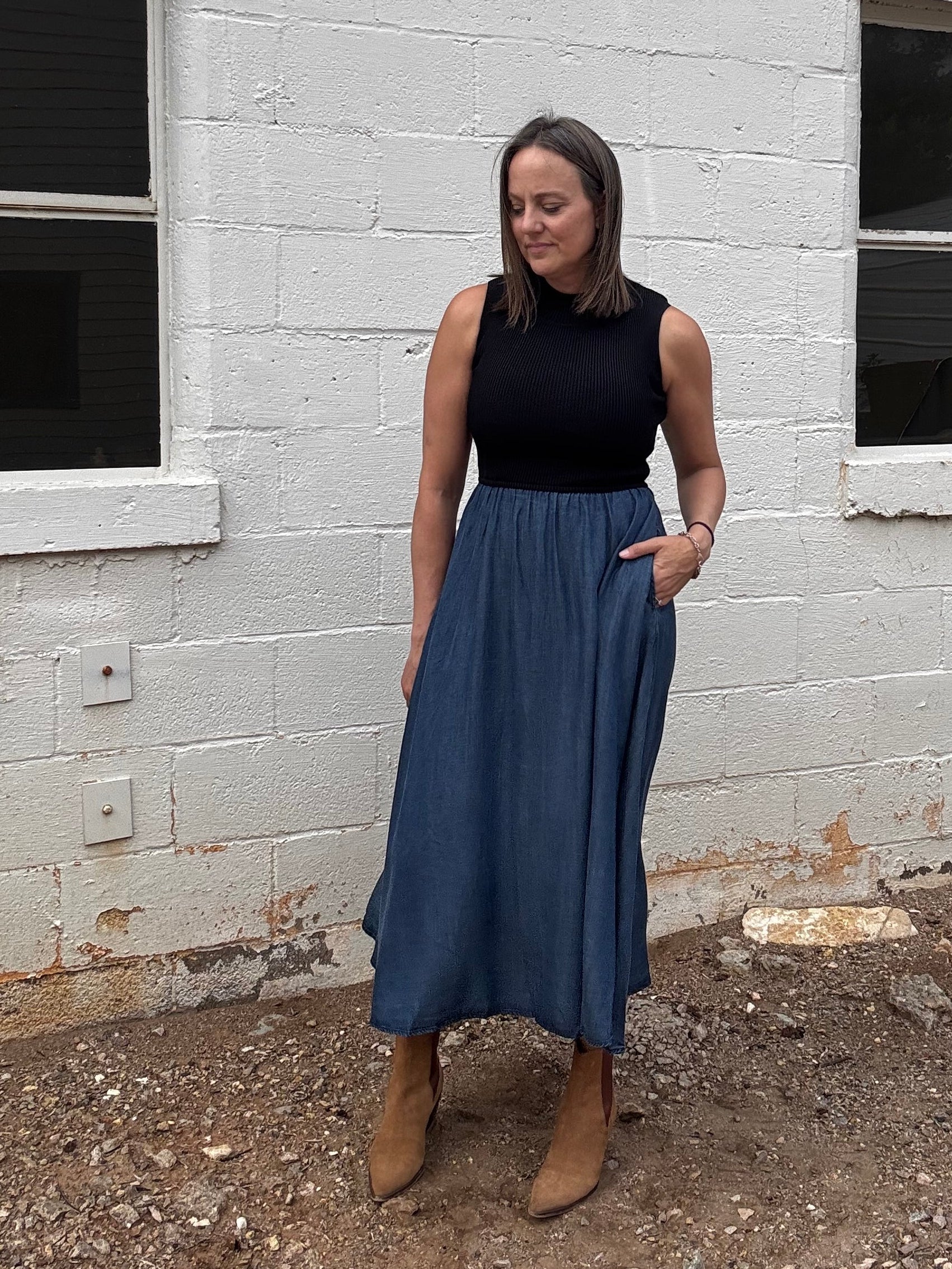 Elan Celeste Knit & Denim Maxi Dress