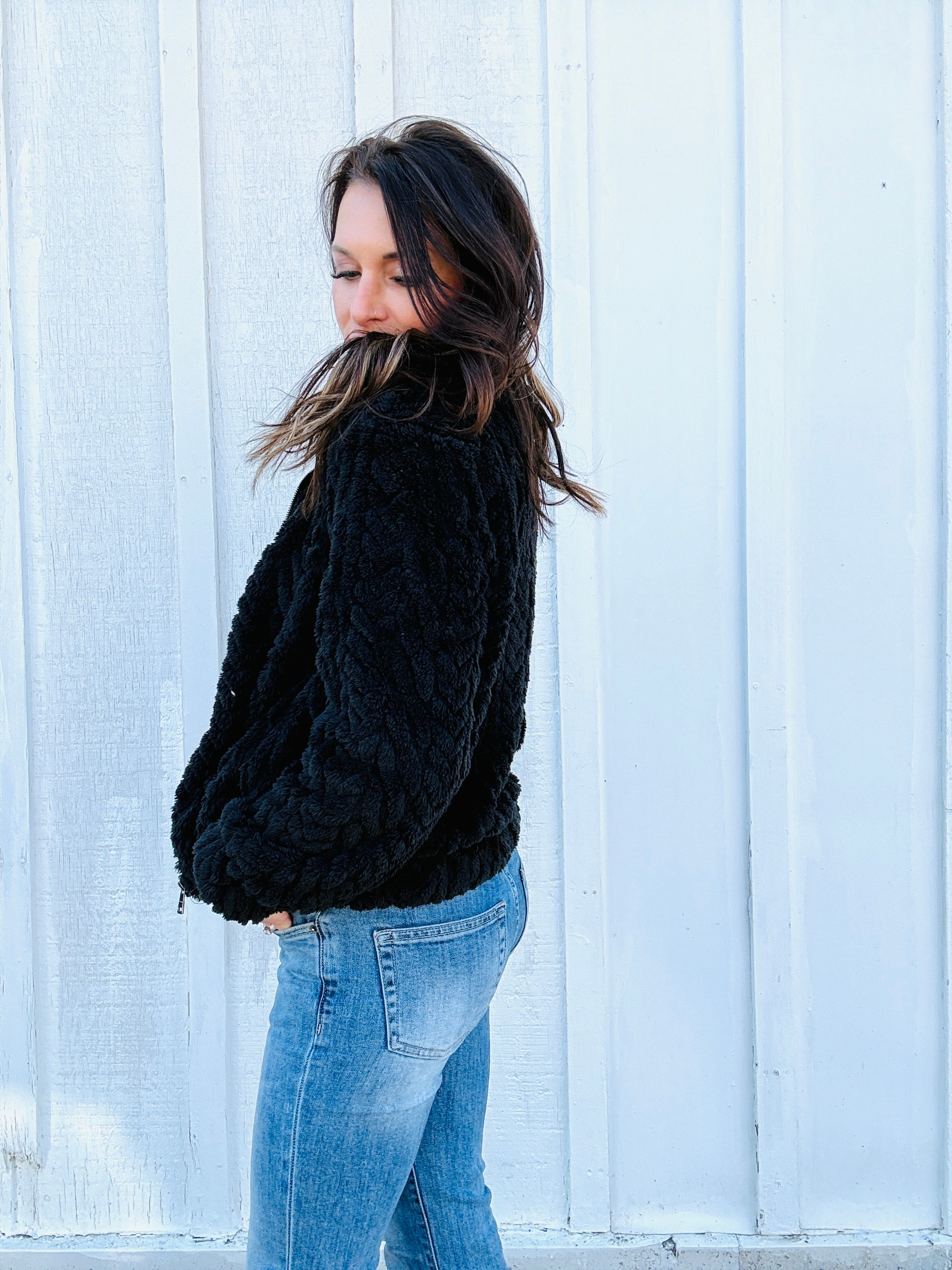 Textured Zip Up Teddy Jacket
