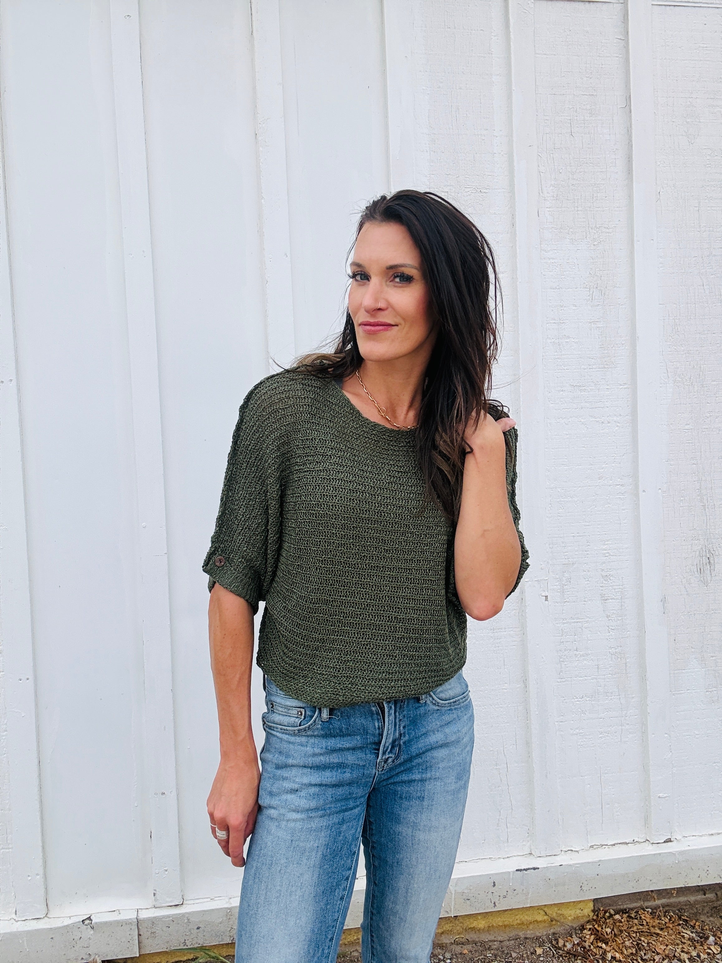 Half Sleeve Roll Cuff Sweater