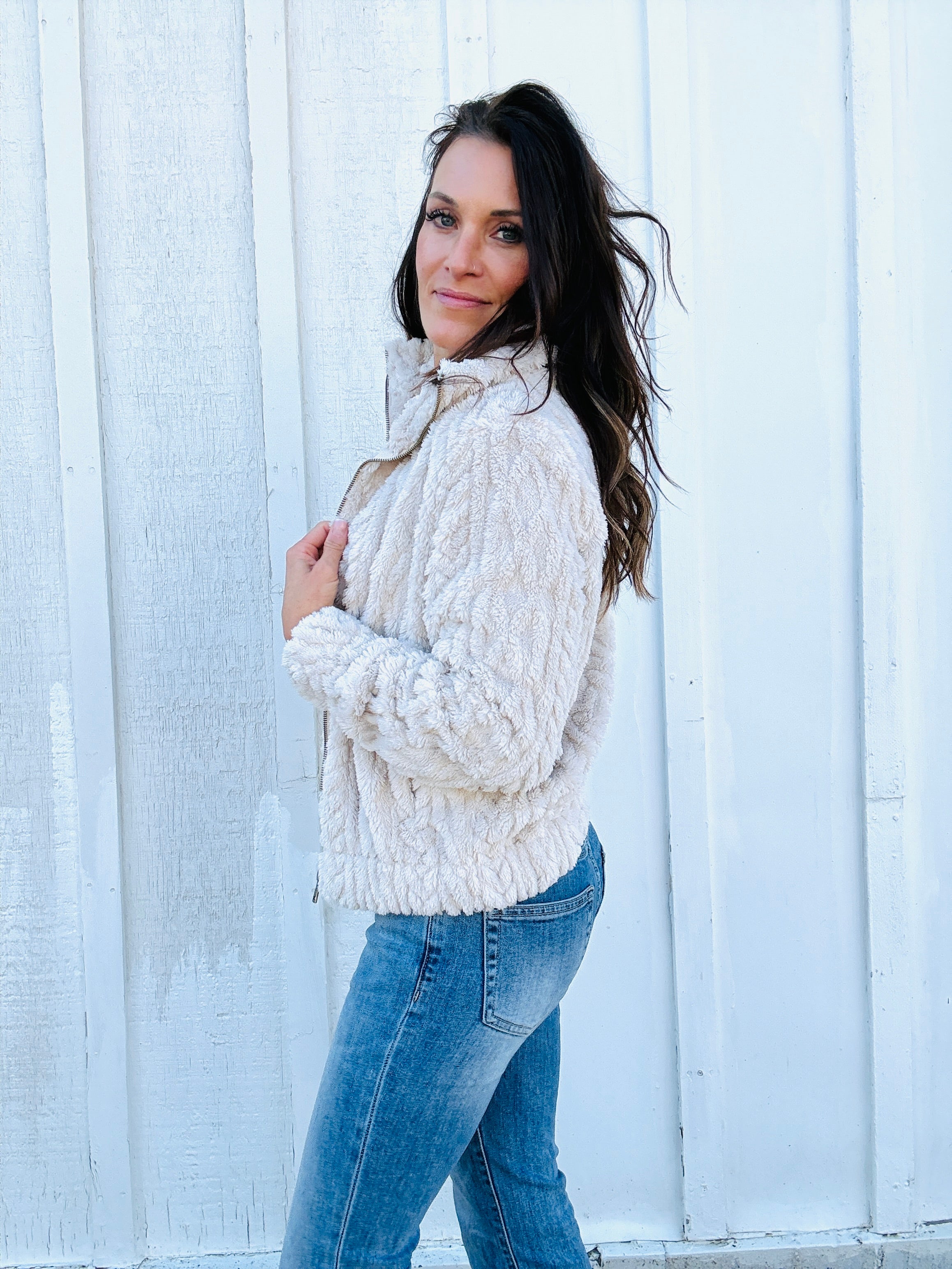 Textured Zip Up Teddy Jacket