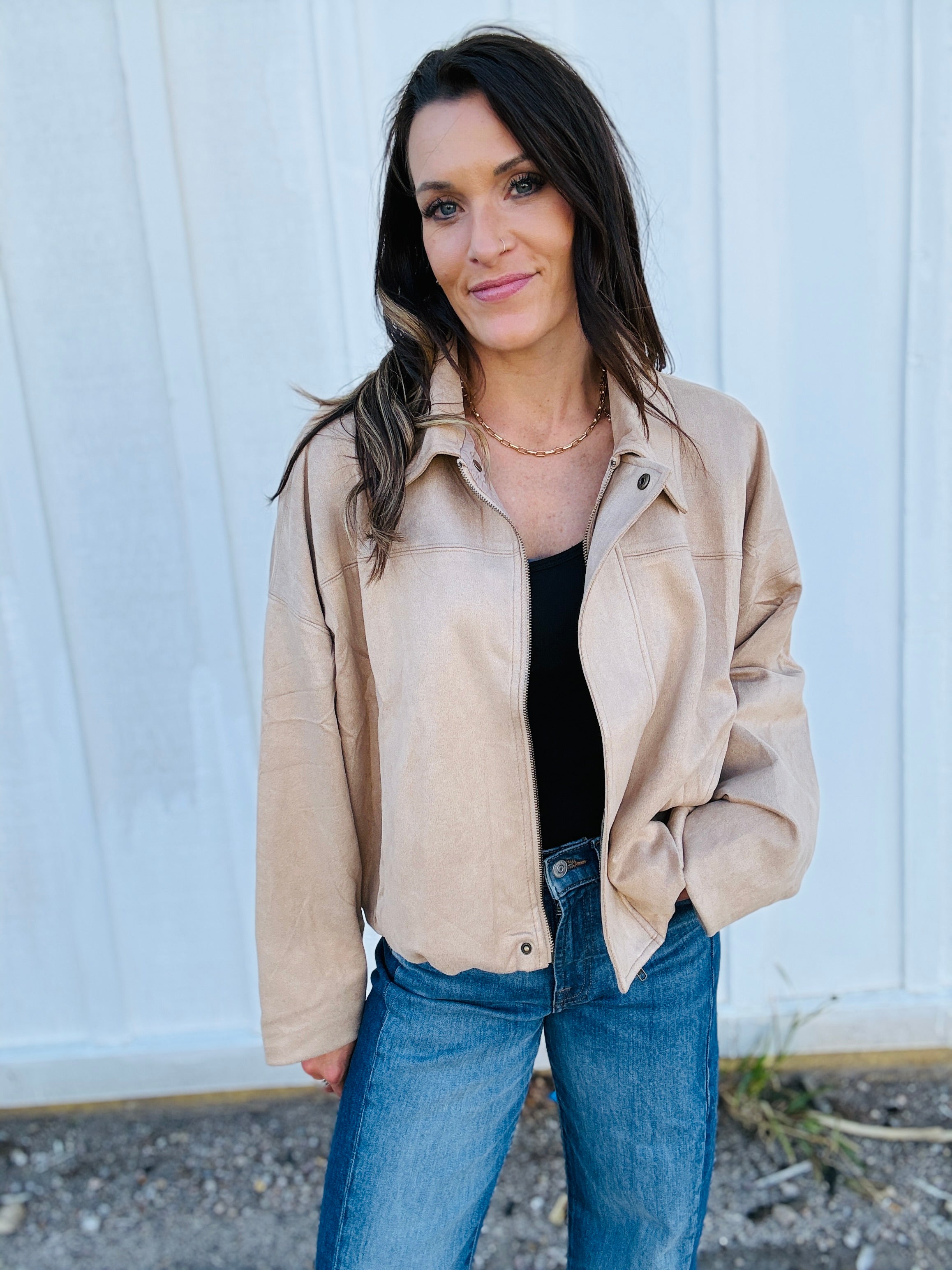 Faux Suede Bomber Jacket