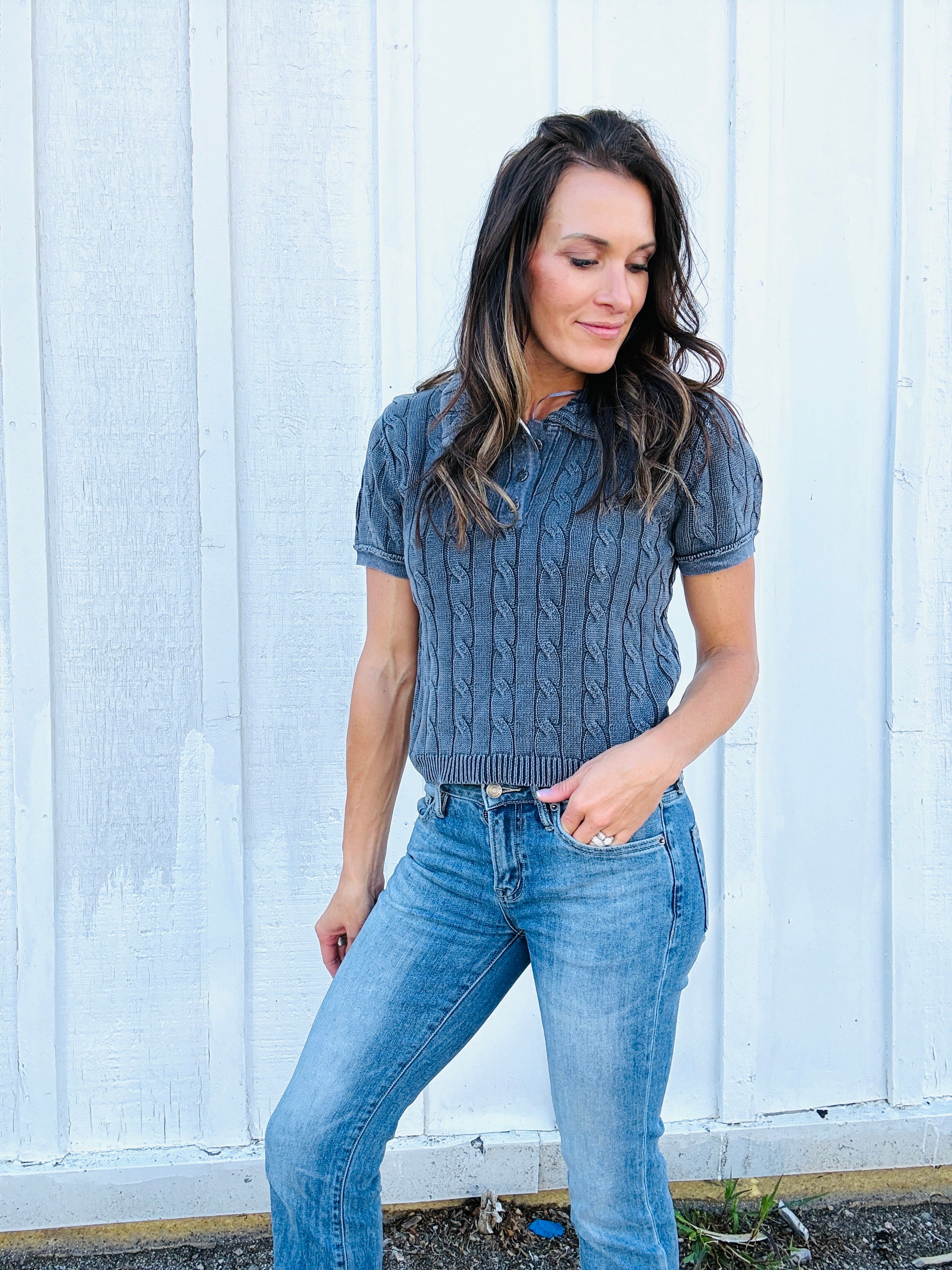 Caddie Cable Knit Polo Top