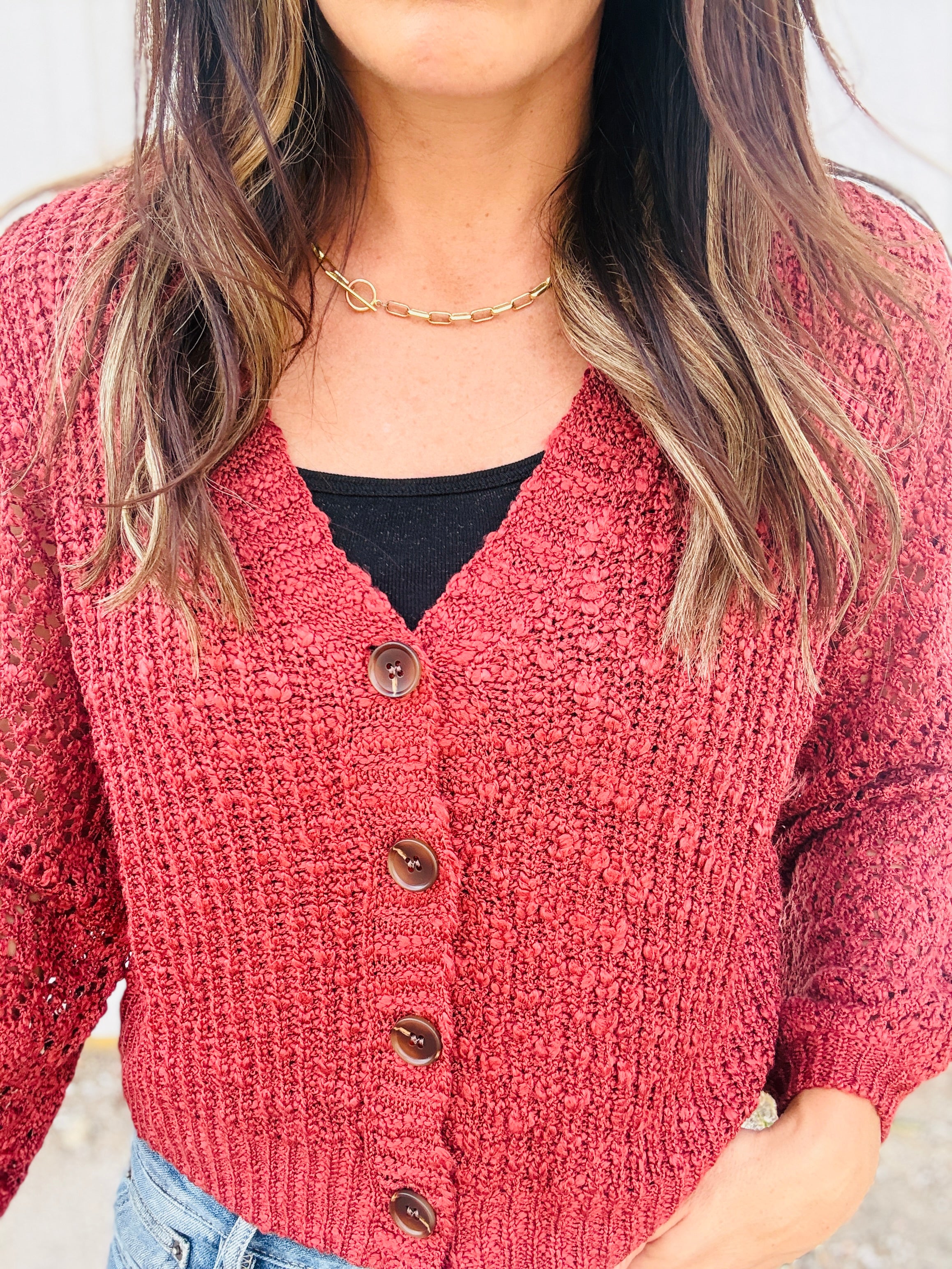 V-Neck Open Knit Cardi
