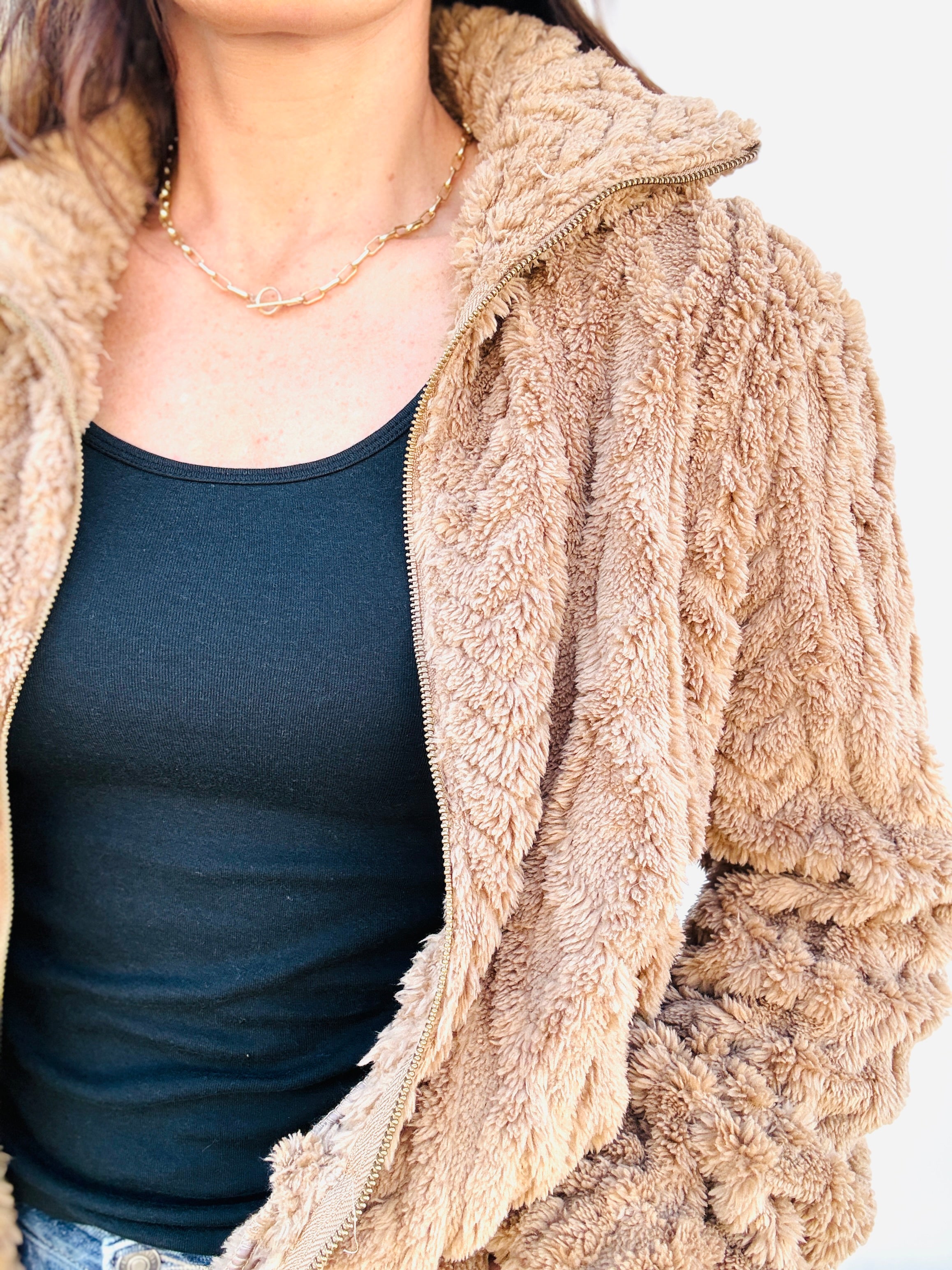 Textured Zip Up Teddy Jacket