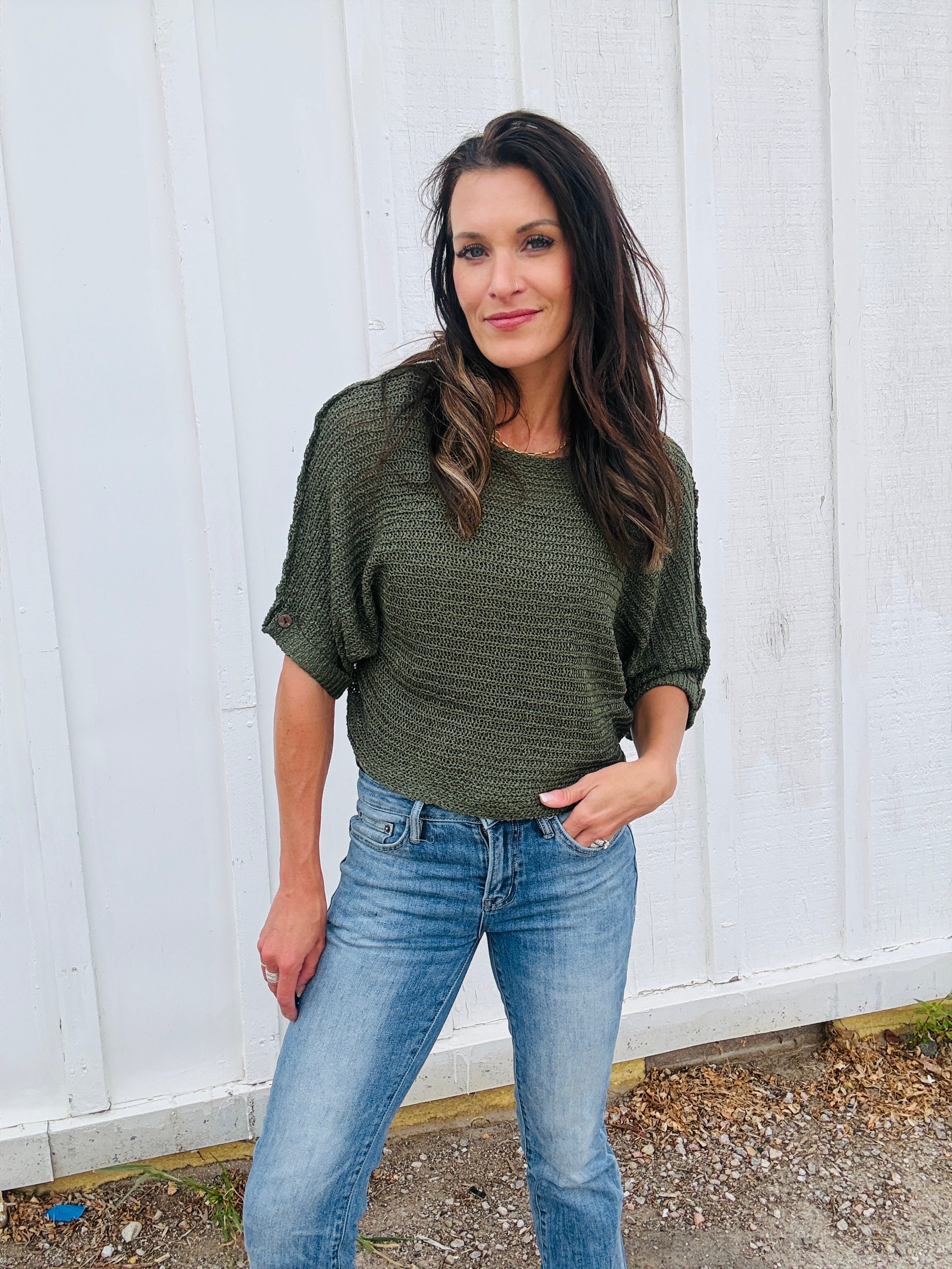 Half Sleeve Roll Cuff Sweater