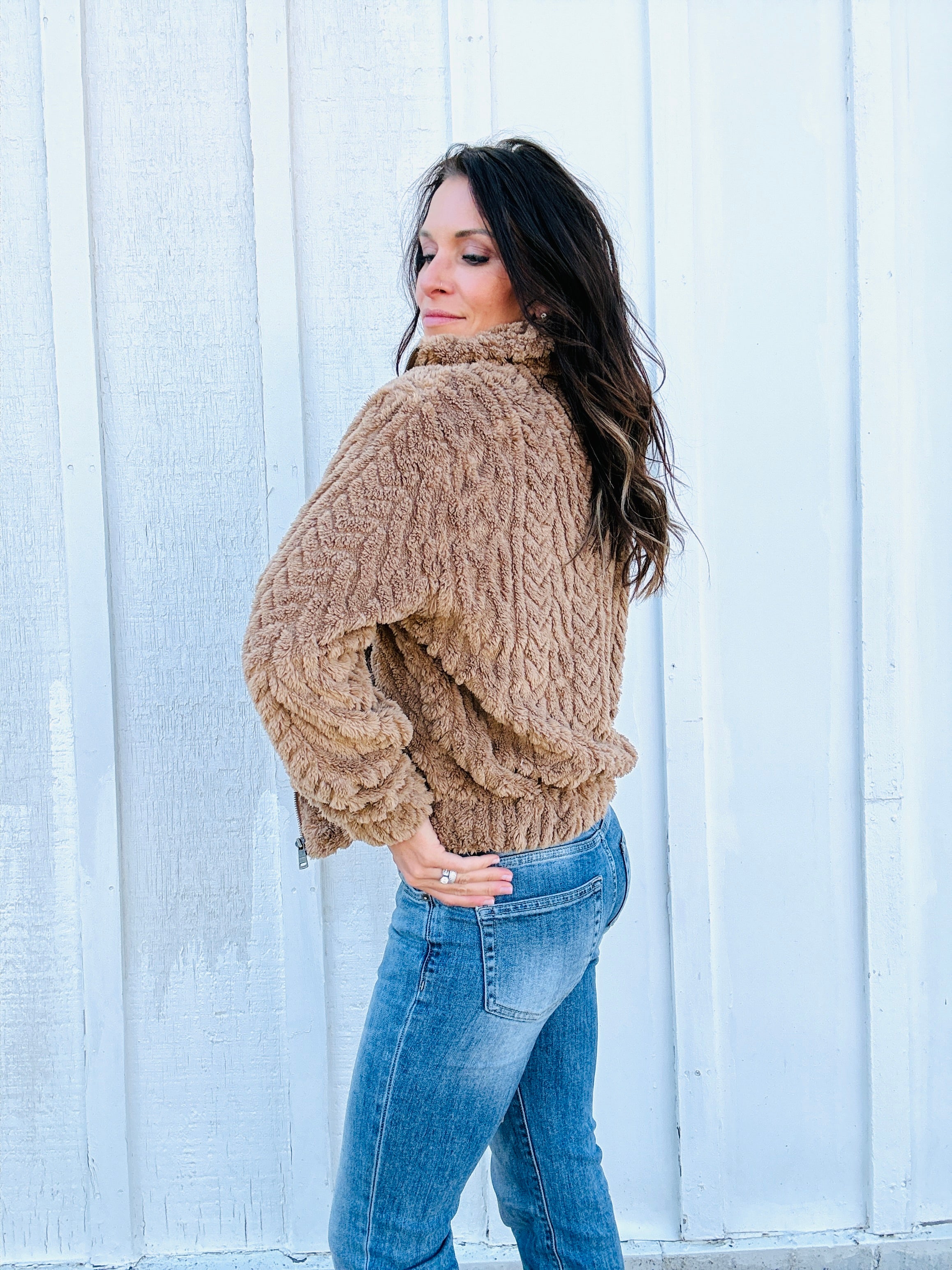 Textured Zip Up Teddy Jacket