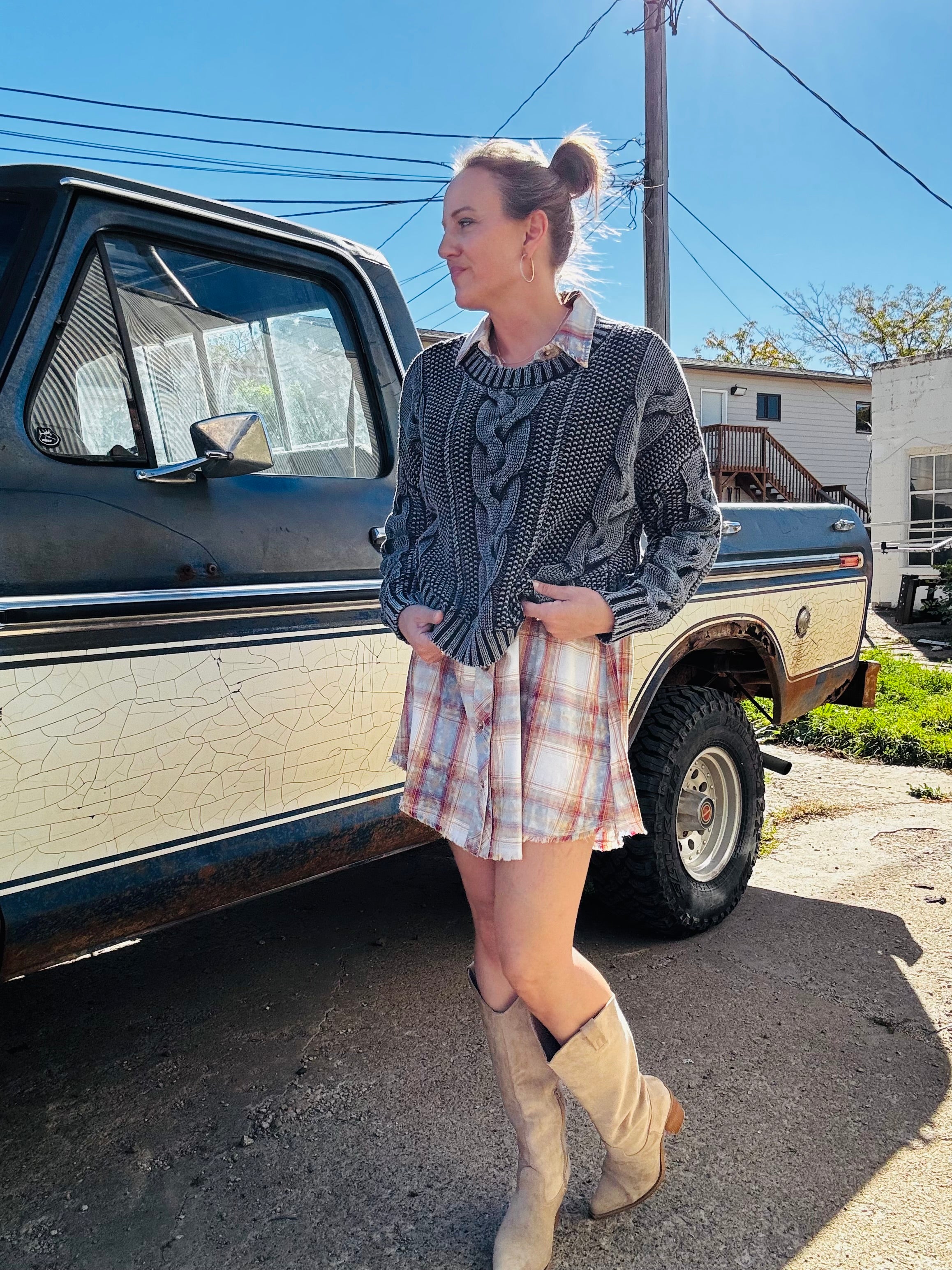 Washed Plaid Shirt Dress