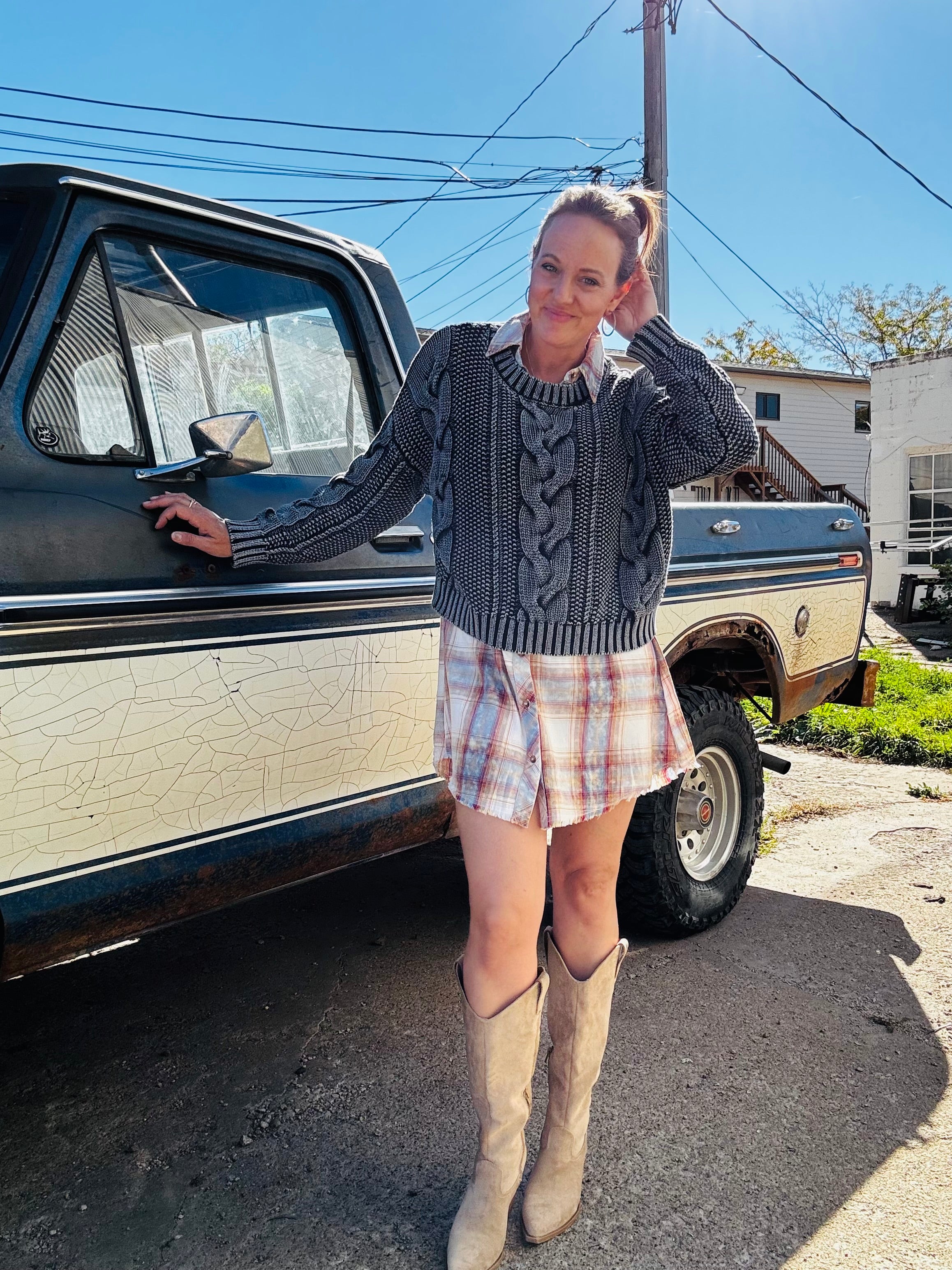 Washed Plaid Shirt Dress