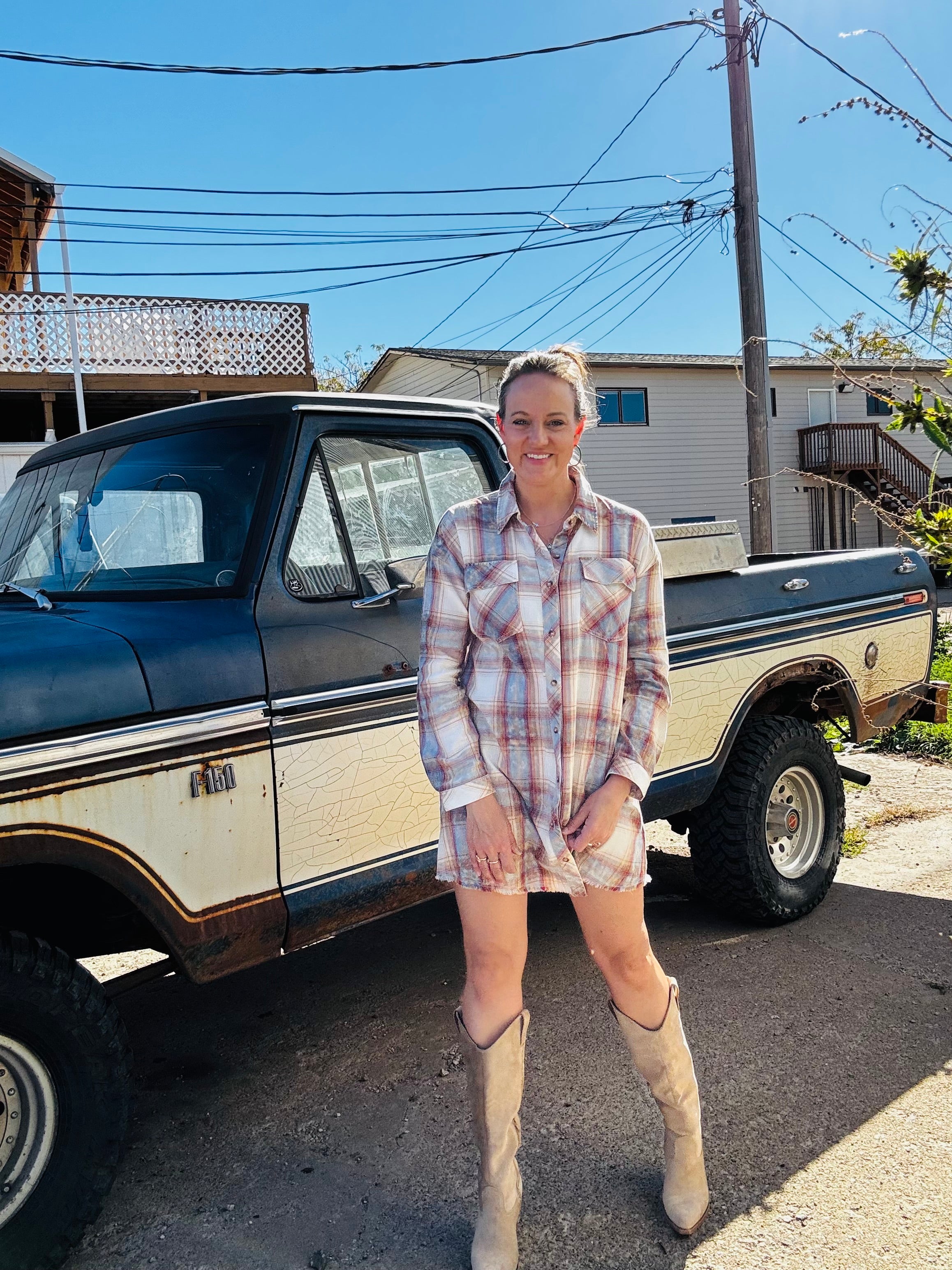 Washed Plaid Shirt Dress