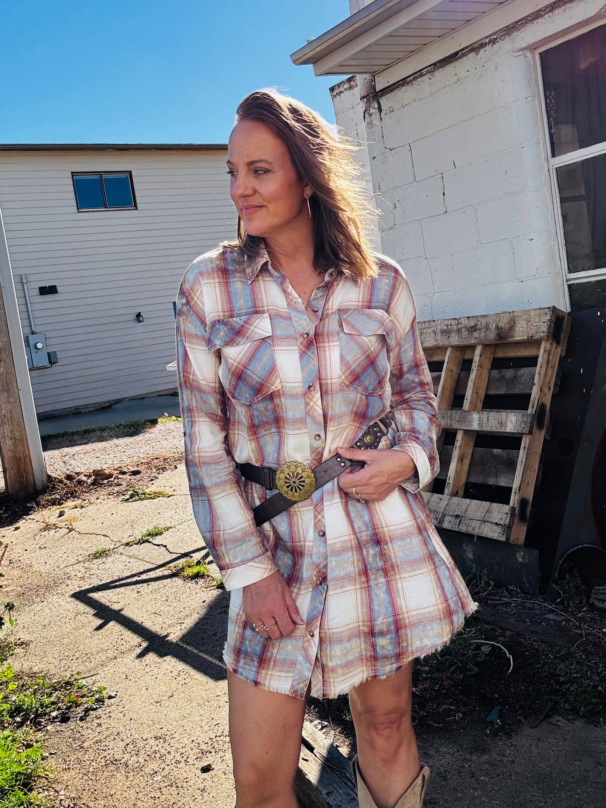Washed Plaid Shirt Dress