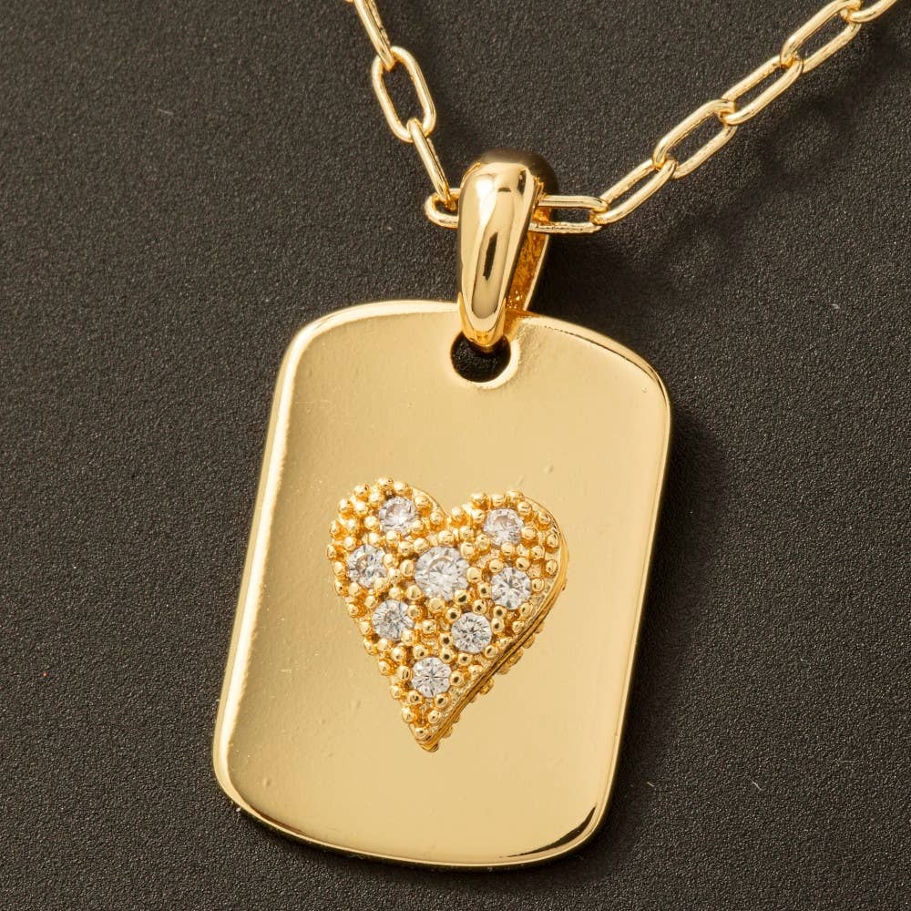 CZ Heart Dog Tag Necklace