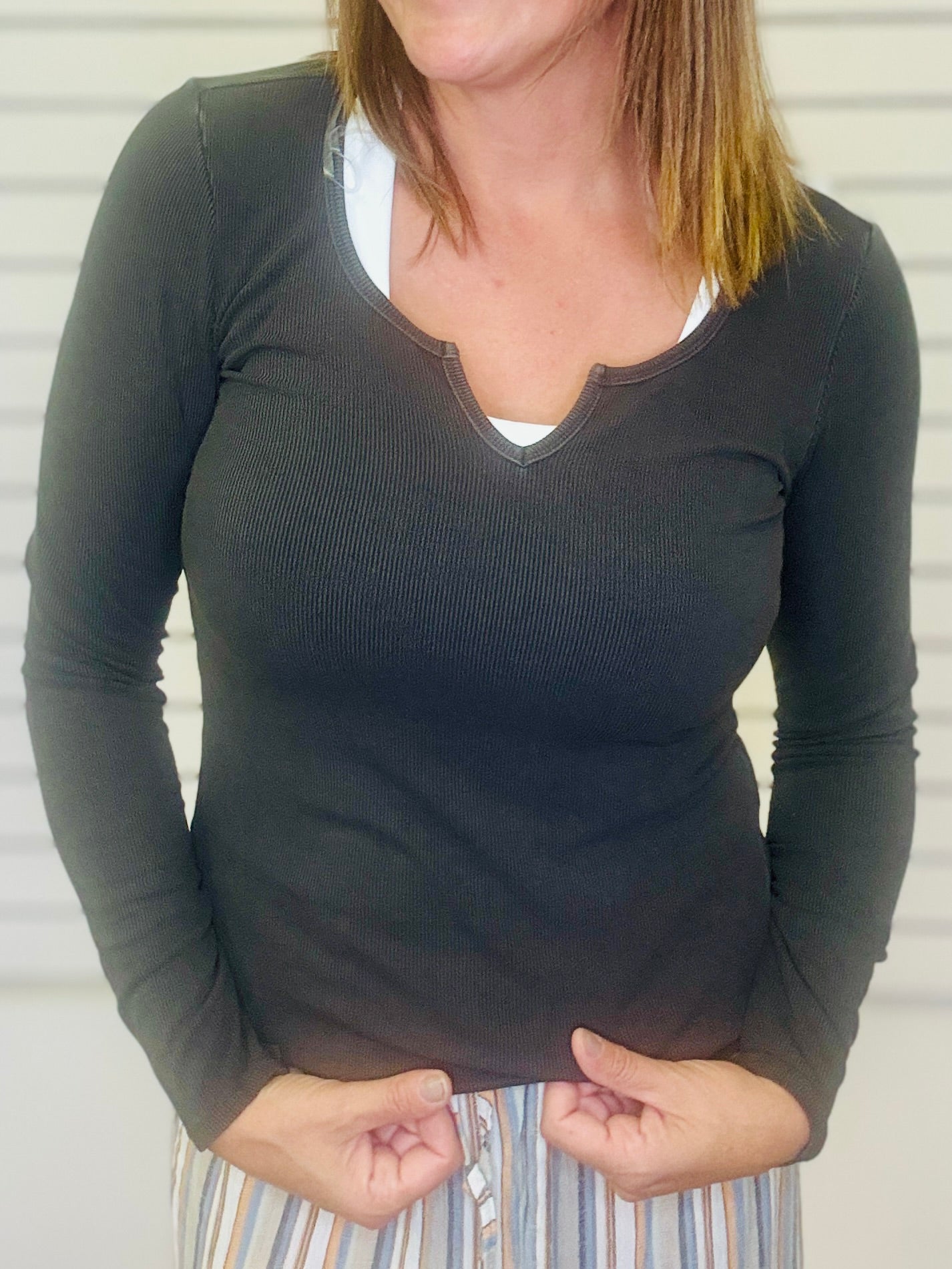 Notch Neck Ribbed Long Sleeve