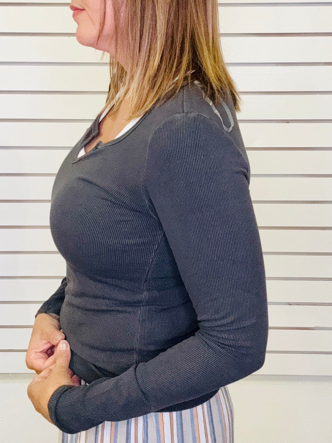 Notch Neck Ribbed Long Sleeve