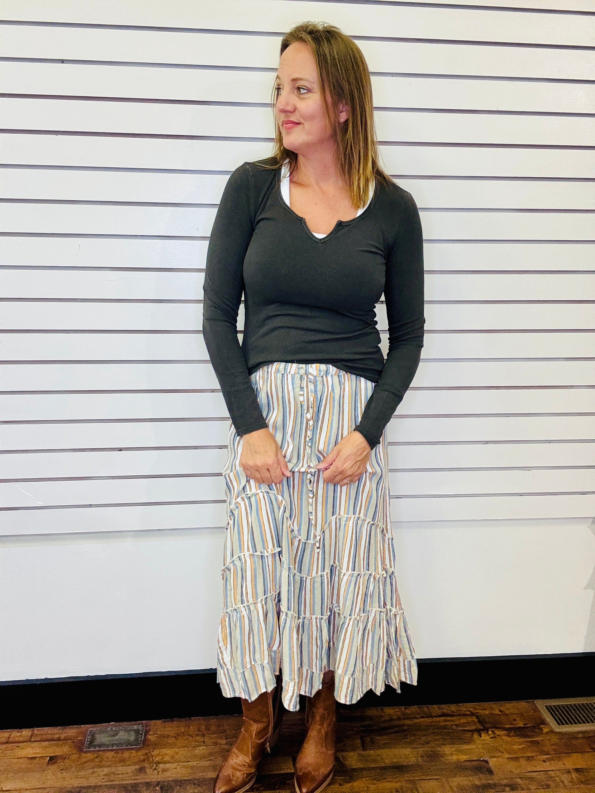 Notch Neck Ribbed Long Sleeve