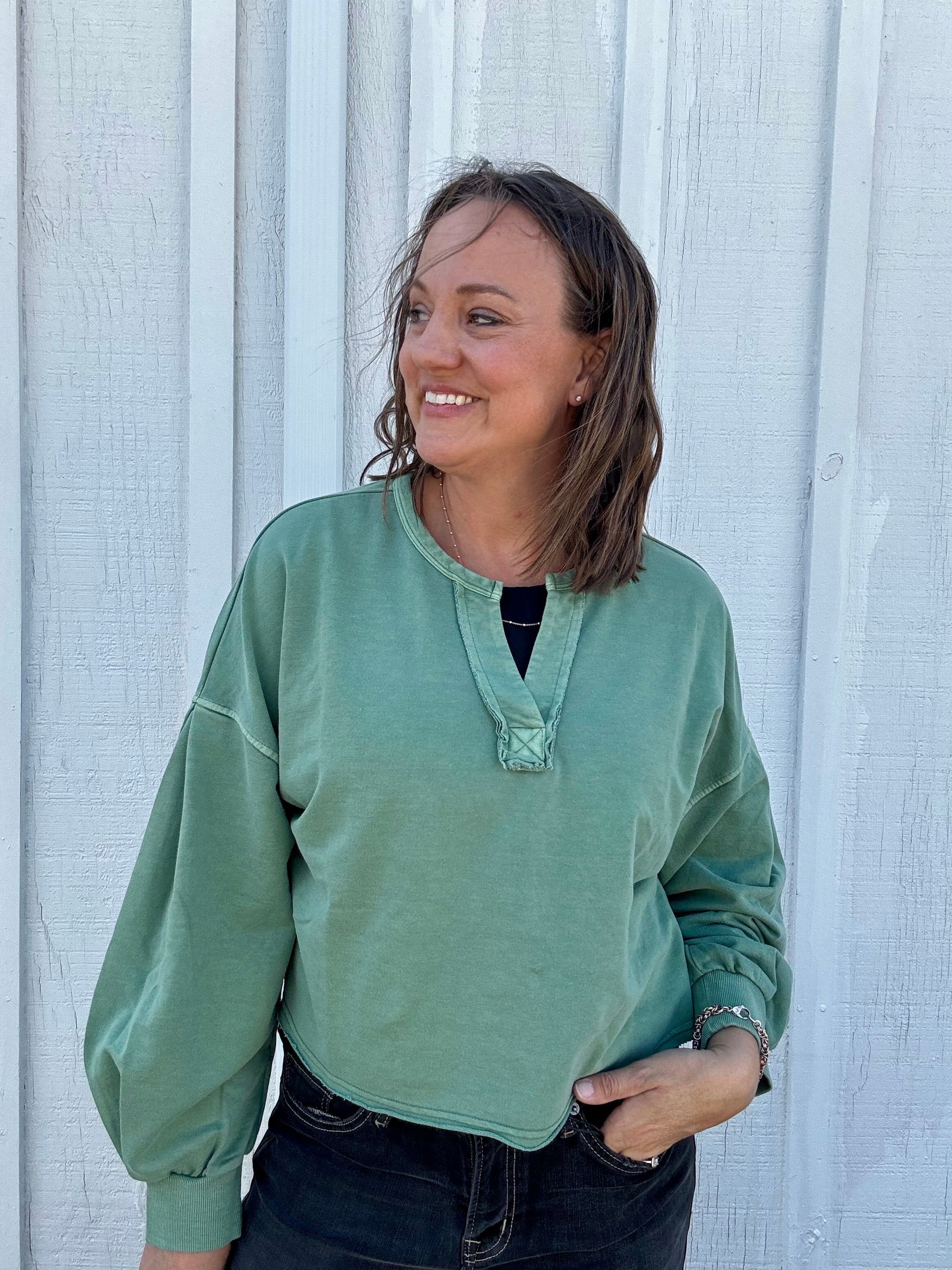 The Camille Washed Henley Pullover