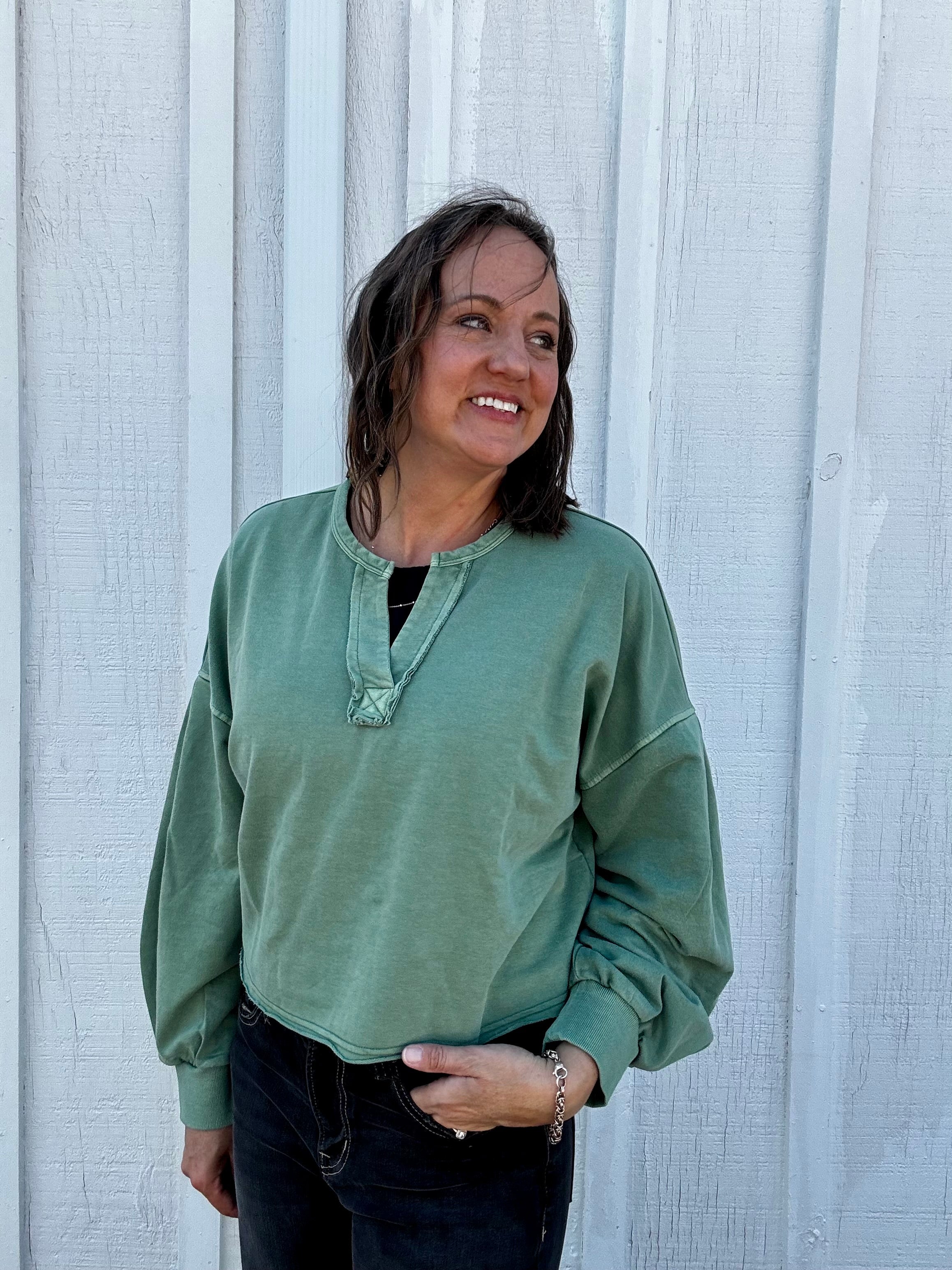 The Camille Washed Henley Pullover