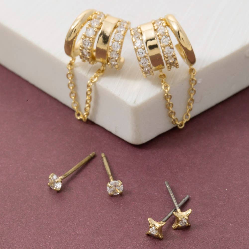 Mixed Cz Chain Stud Earrings